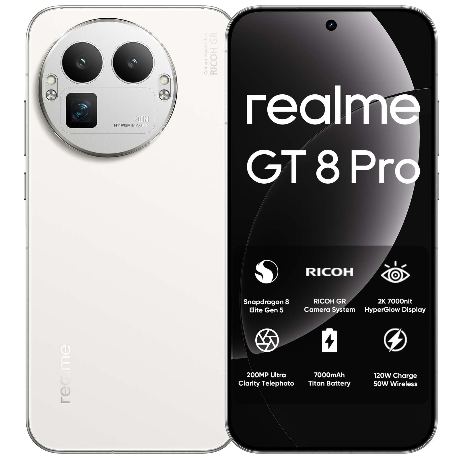 realme GT 8 Pro Smartphone 5G Snapdragon 8 Elite Gen 5, 16GB+512GB 6.79" QHD+ 144Hz AMOLED, Batteria 7000mAh & 120W SuperVOOC/50W Wireless, 200MP Teleobiettivo + 50MP IMX906 + 50MP Grandangolo, White