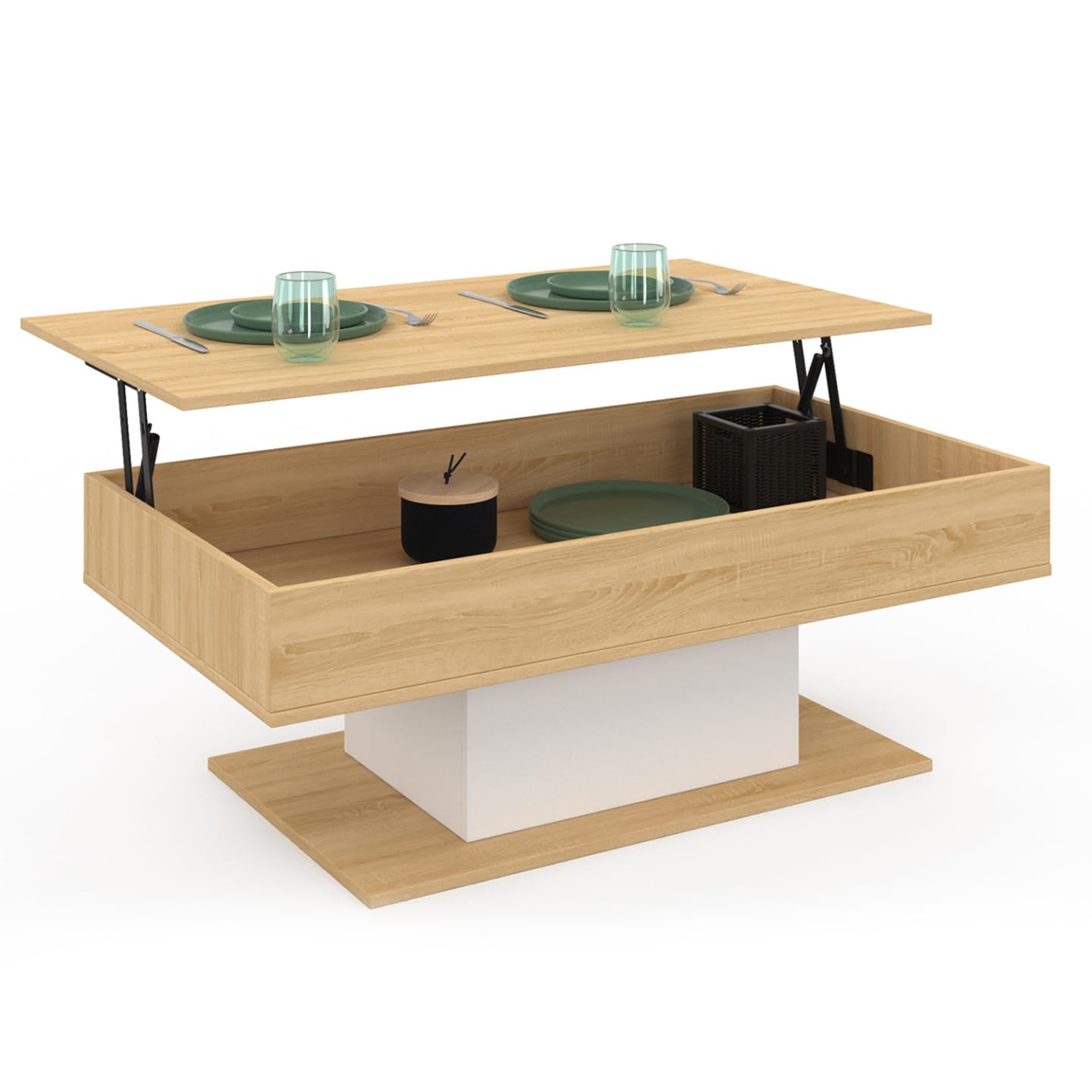 IDMarket - Table Basse Plateau relevable rectangulaire Eden Bois et Blanc