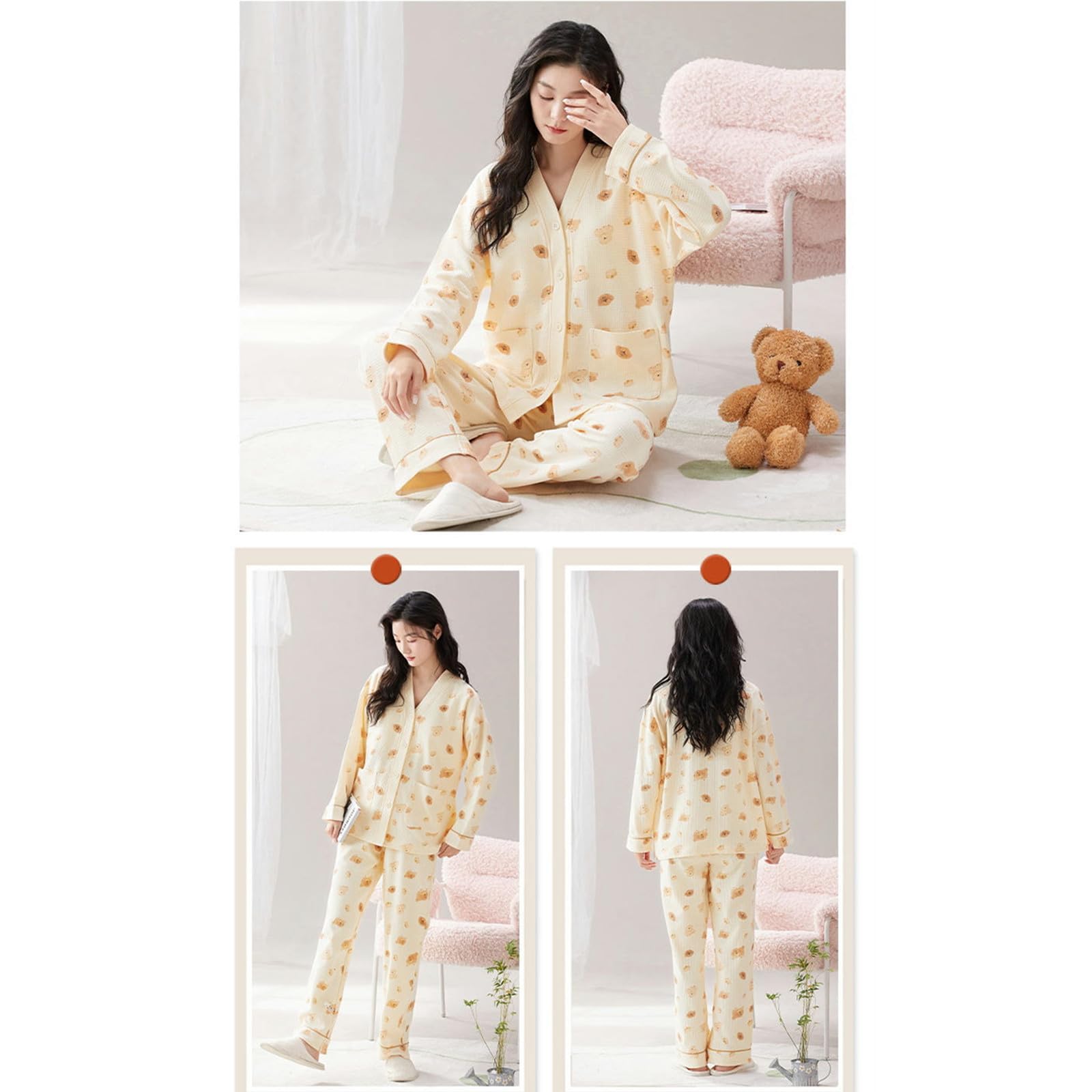 Pigiama Donna Set Pigiama in Cotone da Donna Autunno E Inverno - Pigiama Casual da Casa Indossabile per Le Donne-c-XXL