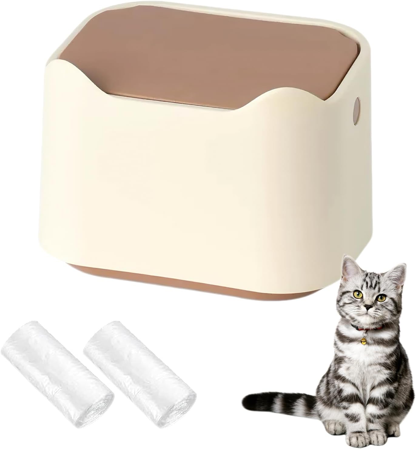 Cat Litter Trash Can Mini Countertop Trash with Press Type Lid Cat Poop Trash Can Includes 60 Refill Bags (Brown)