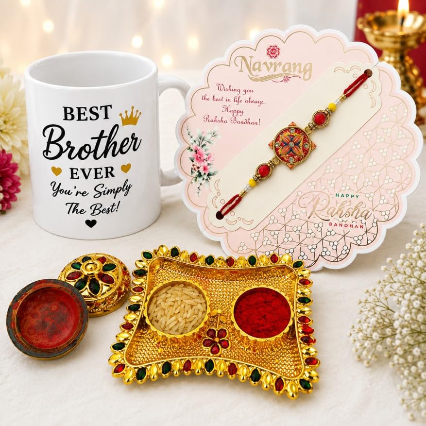 Best Brother Ever Ceramic Coffee Mug with Rakhi Gift Set | 330ml White Printed Mug, Designer Rakhi, Roli Chawal Tilak Plate | Raksha Bandhan Gift for Brother (Design 3)-image-2