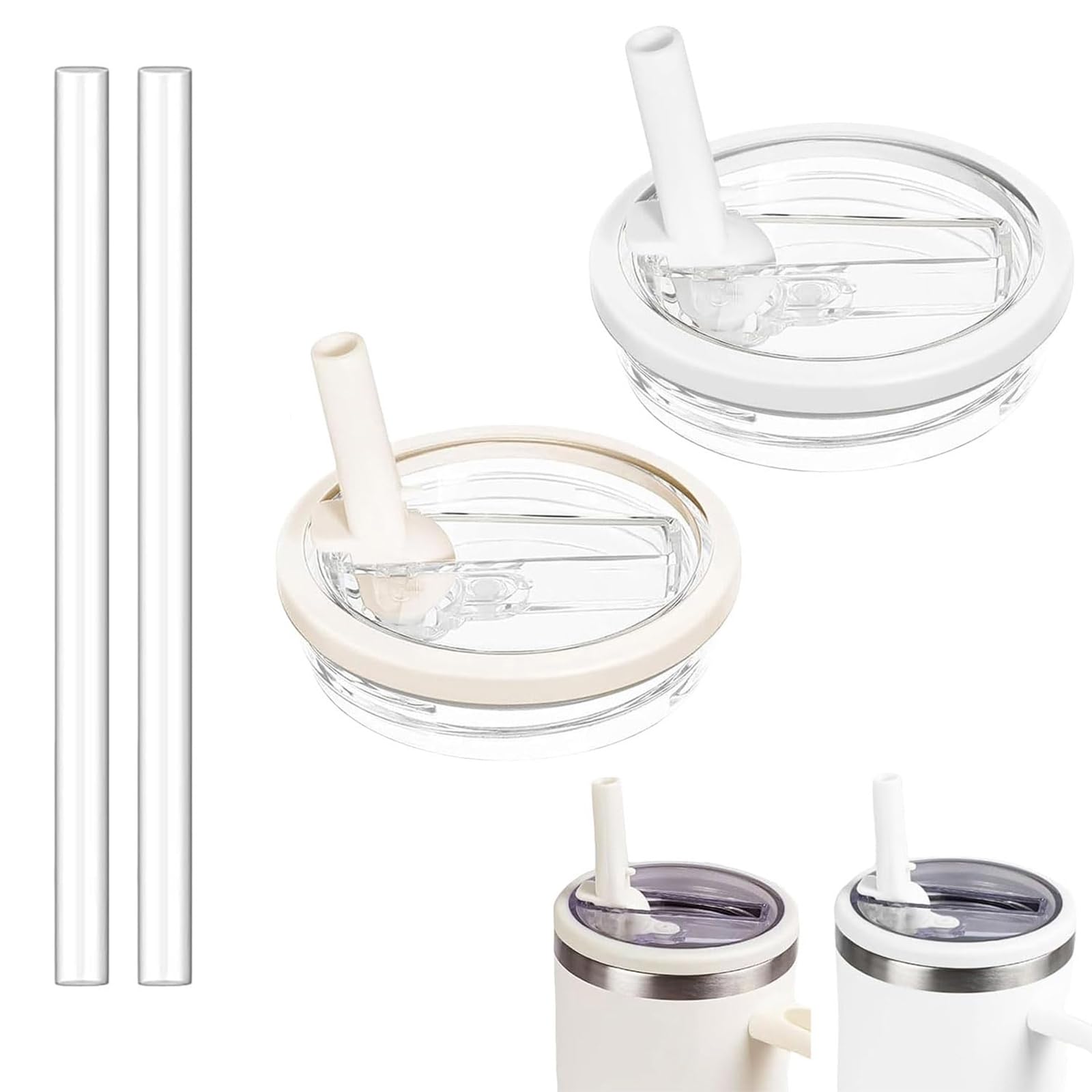 2 Pack Stanley Lid Replacement 40 oz, with Leak Proof and Flip Straw Lid, Stanley Cup Accessories,perfect for travel, fitness, and daily use. (Beige and White)