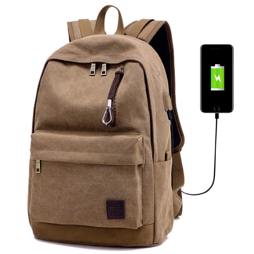 Weqiao School Laptop Backpack Work Computer Rucksack with USB Charging Port and Headphone Hole Casual Daypack for Travel Business College Hiking (Khaki)