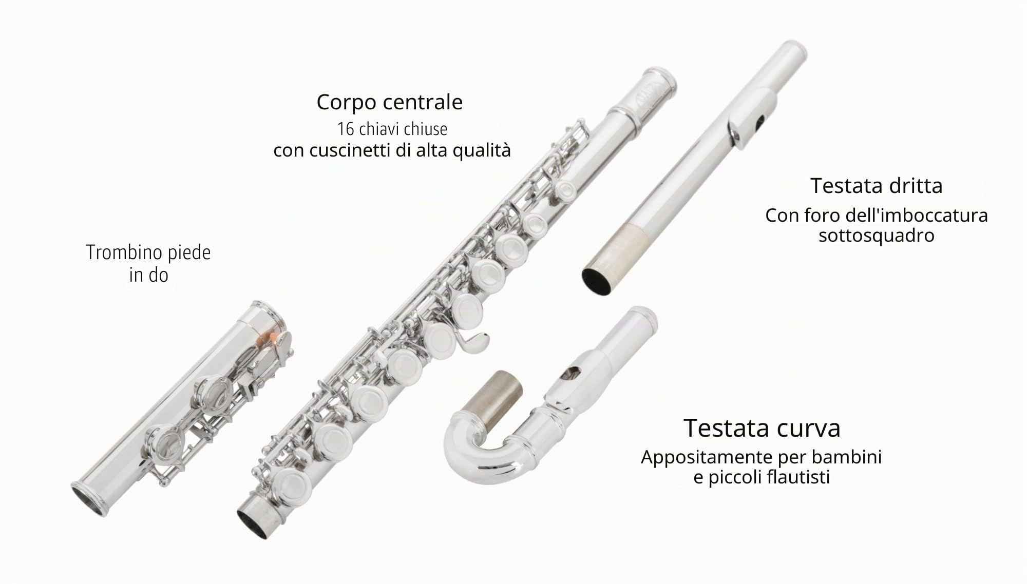 Classic Cantabile FL-200U Flauto Traverso Nichelato, Chiavi chiuse | Ottimo strumento per principianti, Particolarmente adatto ai bambini, Una testata dritta e una curva, Meccanica E fluida
