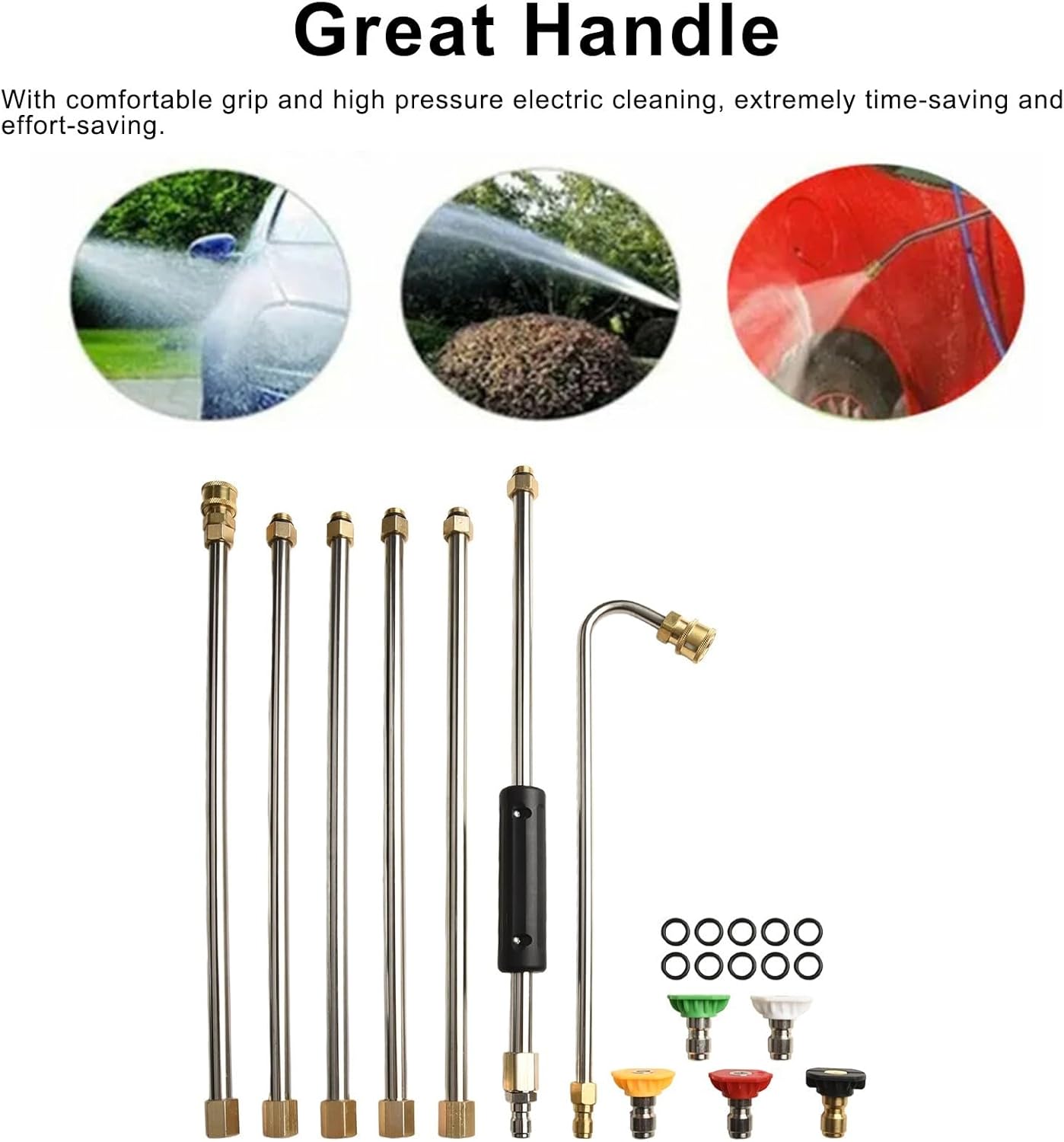 Gutter Cleaning Pressure Washer Spray Wand Set with Curved and Straight Rods, 5 Nozzles, 180-Degree Coupler, 4000 PSI for Lance Nozzle, Silver