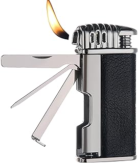 Isqueiro 3 em 1 com ângulo de butano, leve, recarregável, com 3 ferramentas de limpeza, isqueiro a gás multifuncional para acampamento, churrasqueira, vela de lareira (gás não incluído), preto