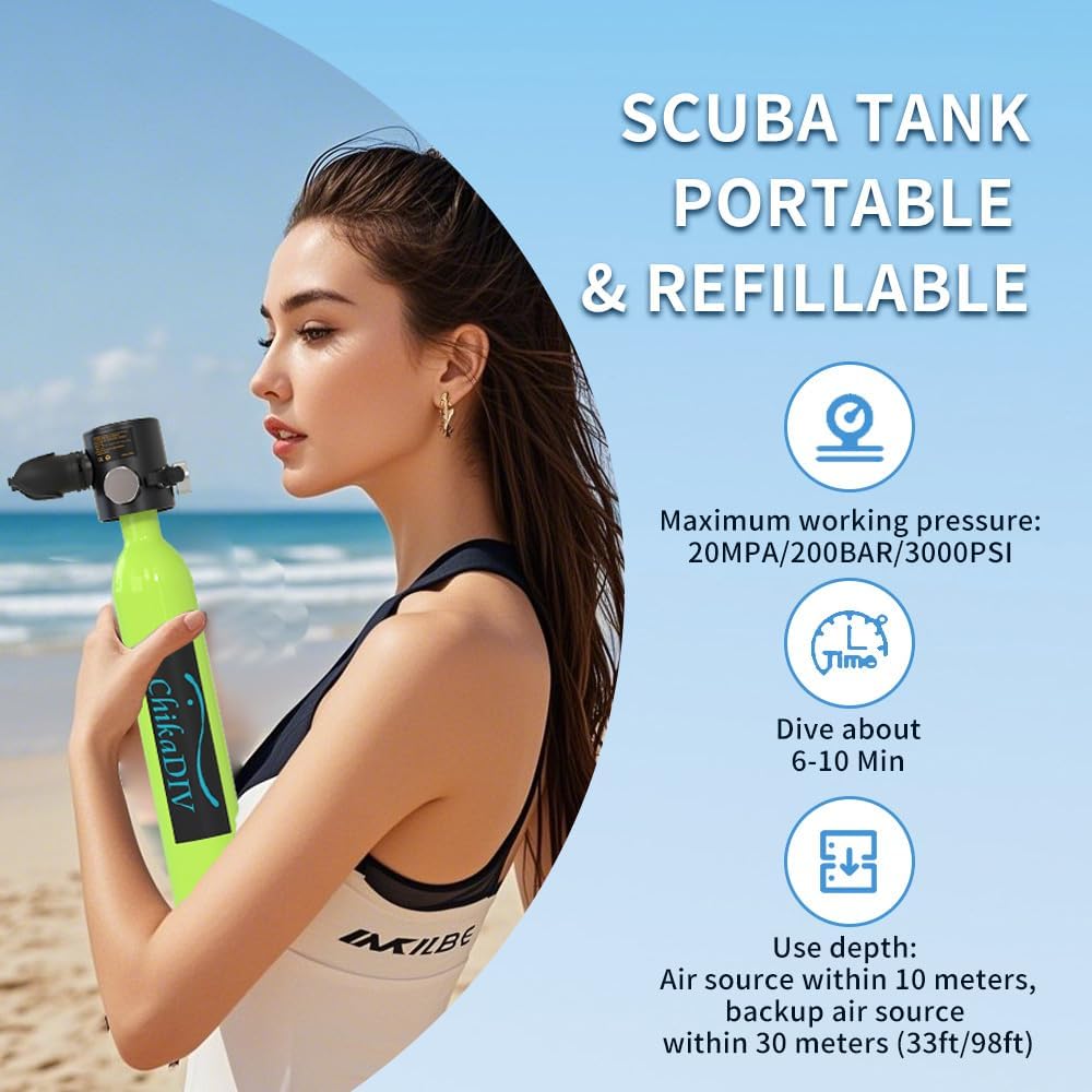 Mini Scuba Tank with Full Face Mask, 0.5L Portable Lung Tank Sub Mask, 6-10 Mins Underwater Breathing, Scuba Gear for Snorkeling, Shallow Diving and Travel