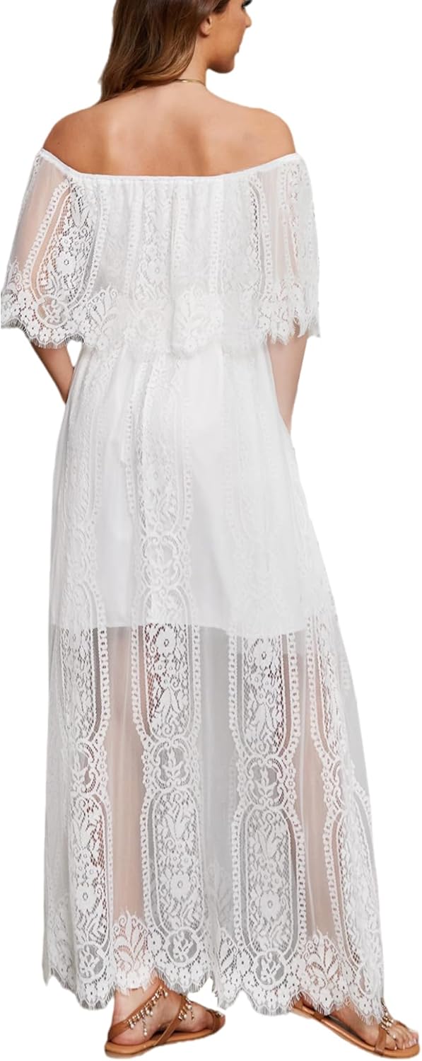 Cercis Womens Off The Shoulder Floral Lace Maxi Wedding Dress Boho Flowy Wedding Guest Formal Long Dresses - Image 6