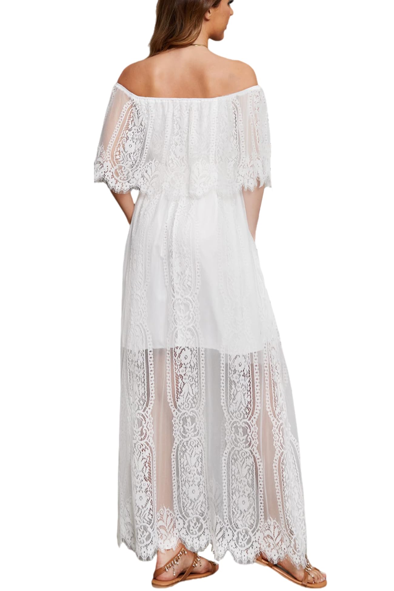 MERMAID'S CLOSET Schulterfreies Maxikleid für Damen, Blumenspitze, Boho, fließend, für Hochzeit, Gast, formelle Party, lange Kleider für Frühling