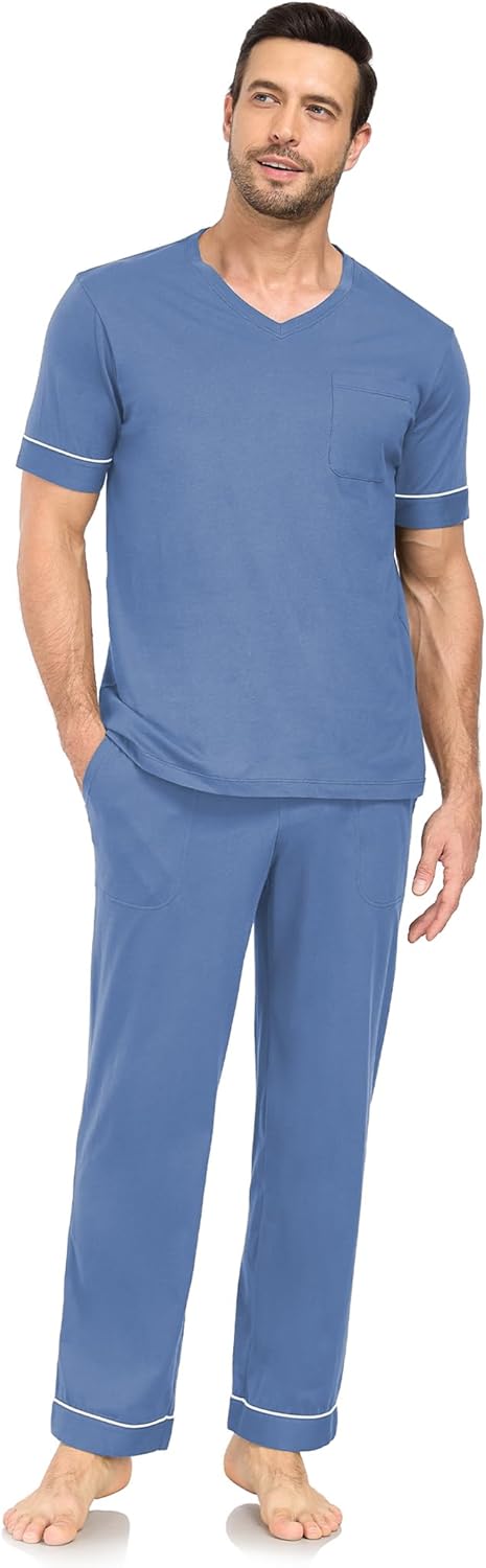 COLORFULLEAF Mens 100% Cotton Pajamas Set Short Sleeve V-Neck Sleepwear Soft Loungewear Pjs with Pockets - Image 7