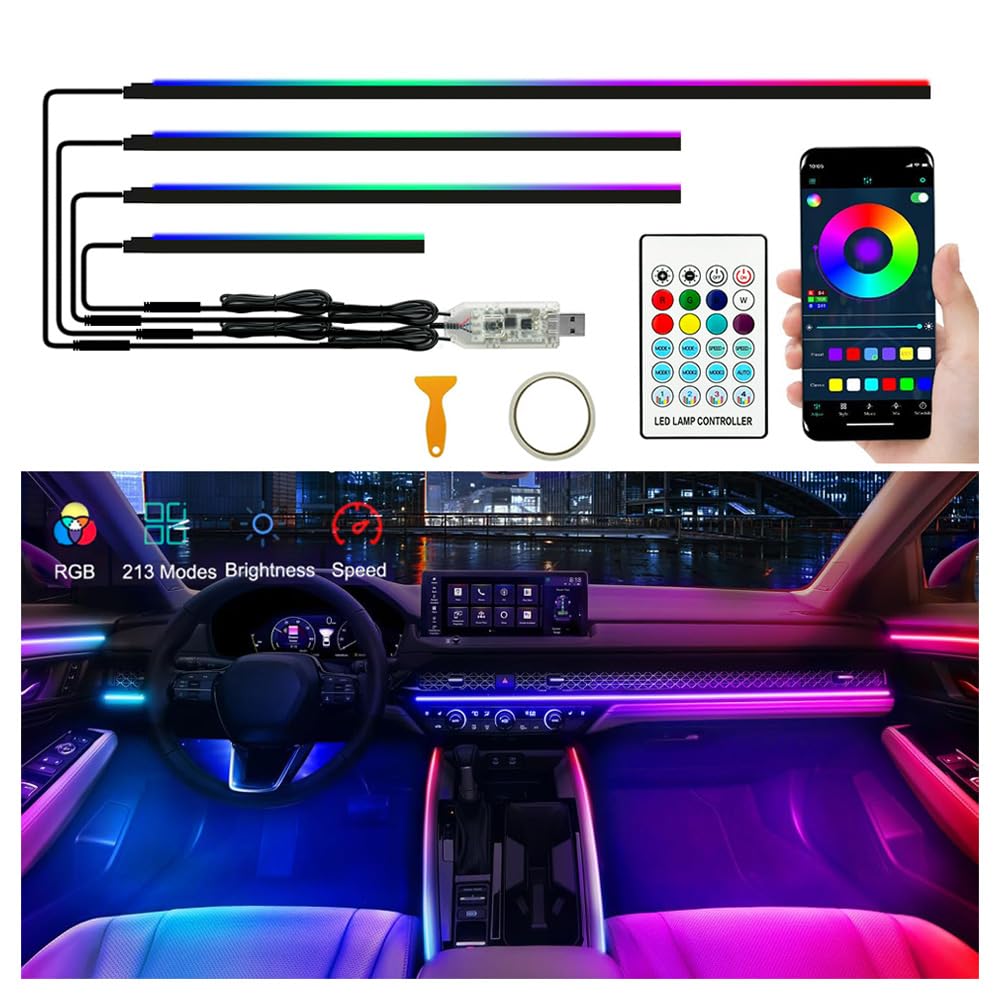 Acrylic LED Interior Strip Lights, 4 in 1 Dreamcolor Ambient Lighting Kit with Wireless APP, Remote Control EL Wire Trim 16 Million Colors Neon Lights for Car Inside Decoration
