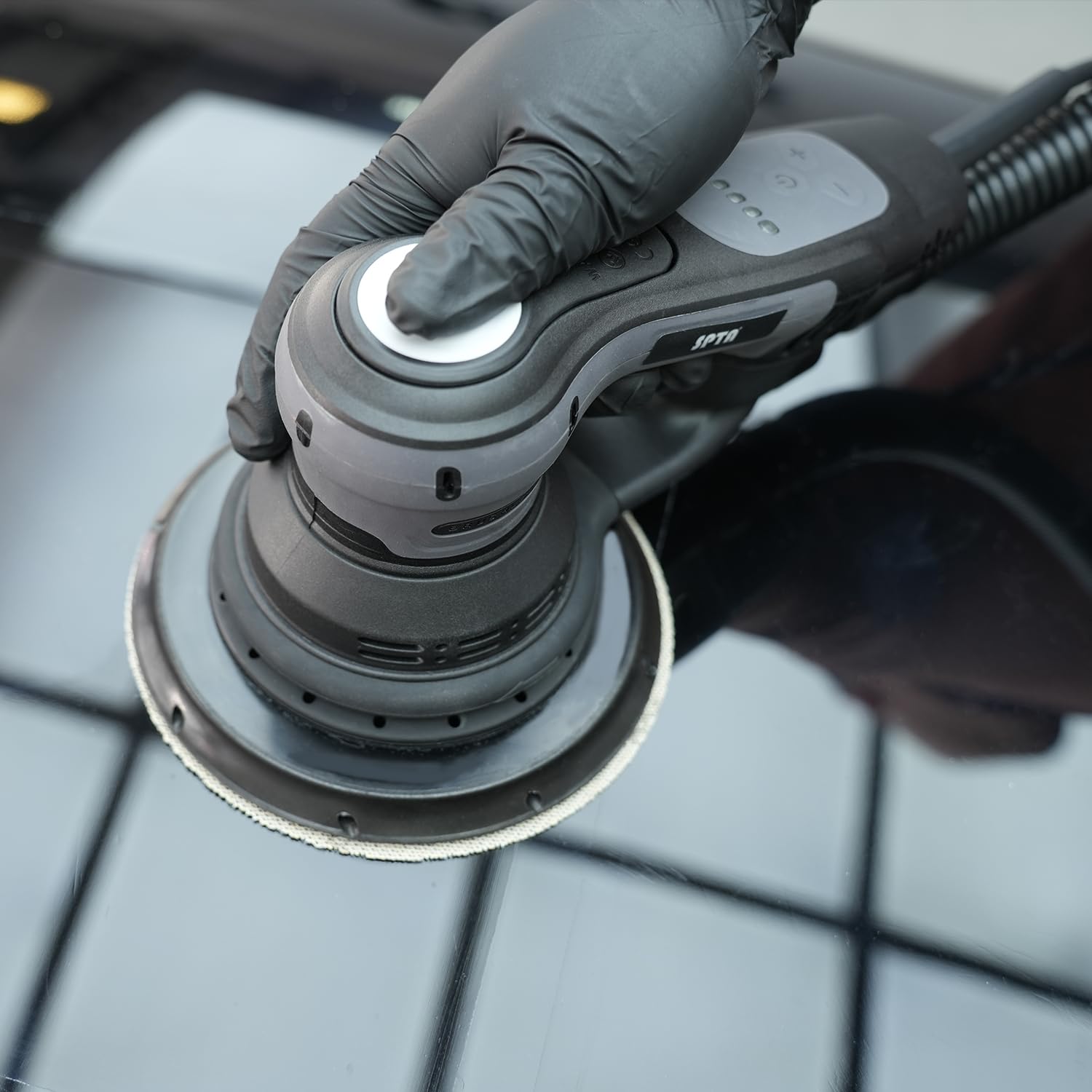 SPTA Elektryczna szlifierka mimośrodowa, bezszczotkowa szlifierka mimośrodowa, z talerzem szlifierskim 125 mm/150 mm, skok szlifierski 3 mm, 5-stopniowa regulacja prędkości obrotowej do 4000 – 10 000