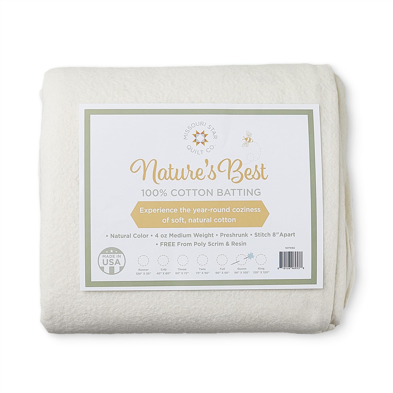 Quilt Batting Twin Size, 72" x 96" | 100% Cotton – No Poly Scrim or Resin | Medium Weight Batting Roll for Stuffing Blankets and Quilting Supplies