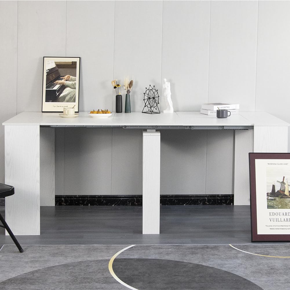 Shally Dogan Tavolo Allungabile per Cucina, Ingresso e Sala da Pranzo, Consolle Salvaspazio Richiudibile da 3 Metri con 5 Pannelli, Design Moderno ed Elegante, Apertura Semplice (Bianco Frassinato)
