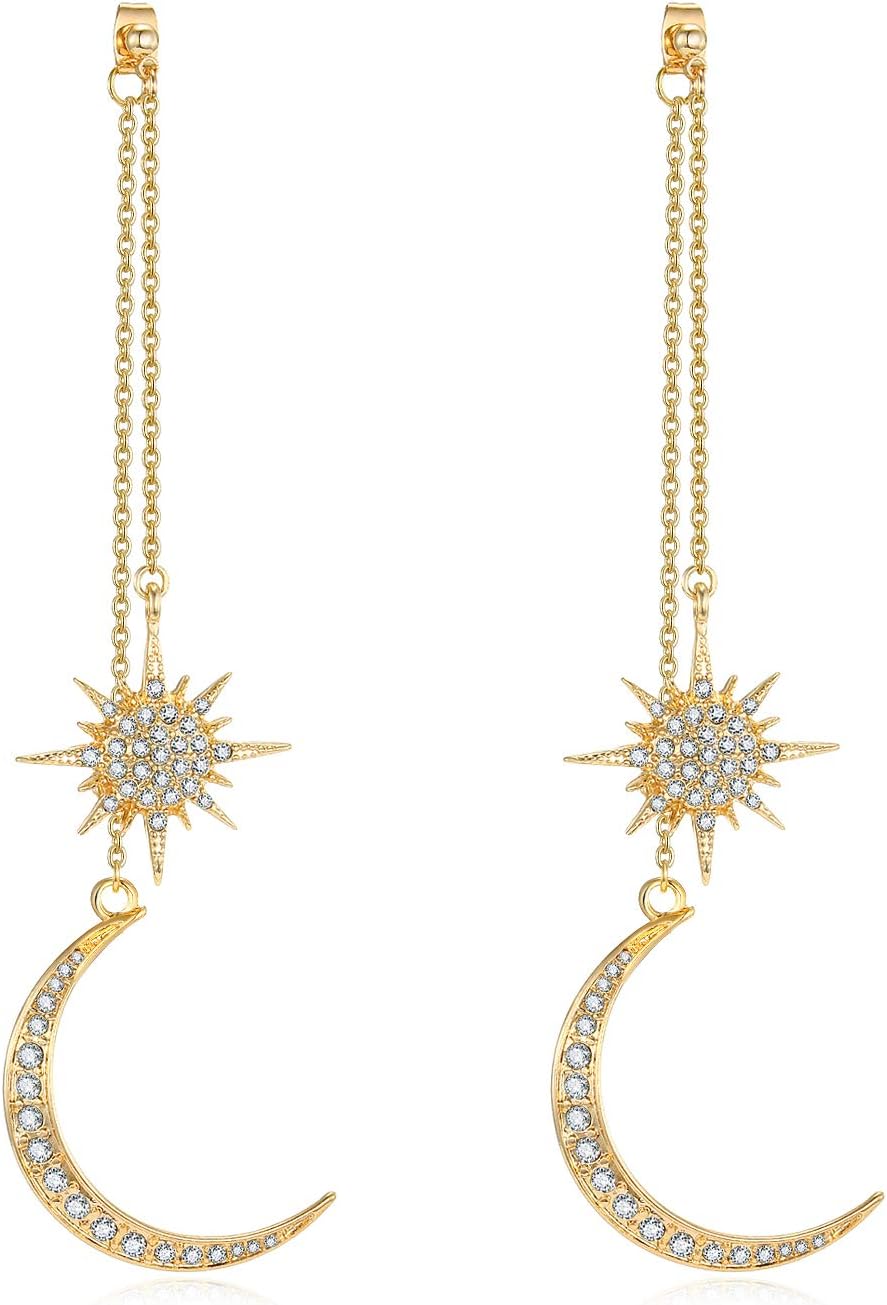 Fashion Shiny Crystal Star Moon White Gold Color Drop Earrings Jewelry for Women Earring Jackets (Earrings Gold)