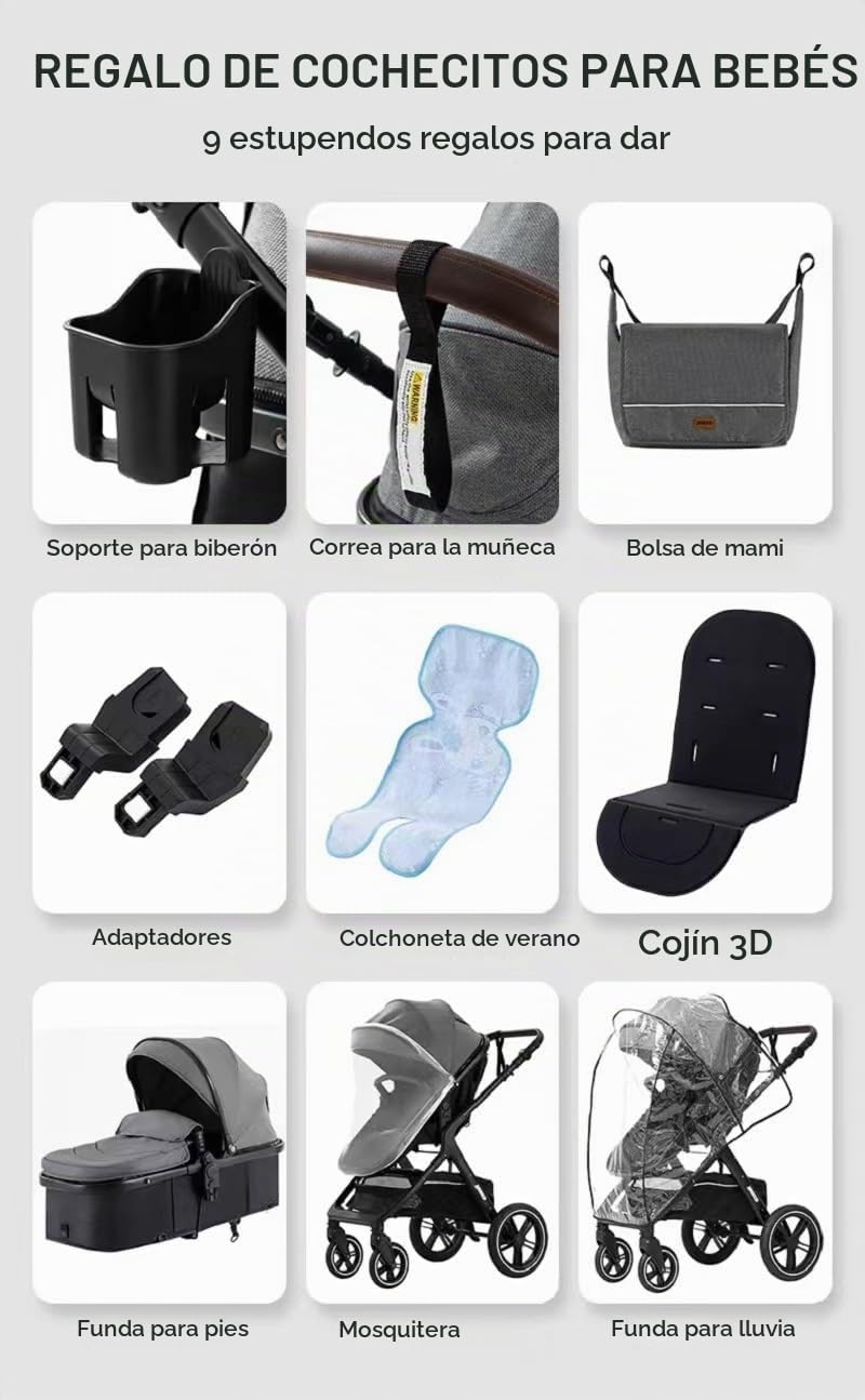 Carrito de bebé 3 en 1 - Adecuado para 0-3 años, Ligero y Cómodo para Bebés y Niños - Ideal para Viajes y Diario - Con el bolso de mamá,Cubierta de lluvia, portavasos, adaptadores