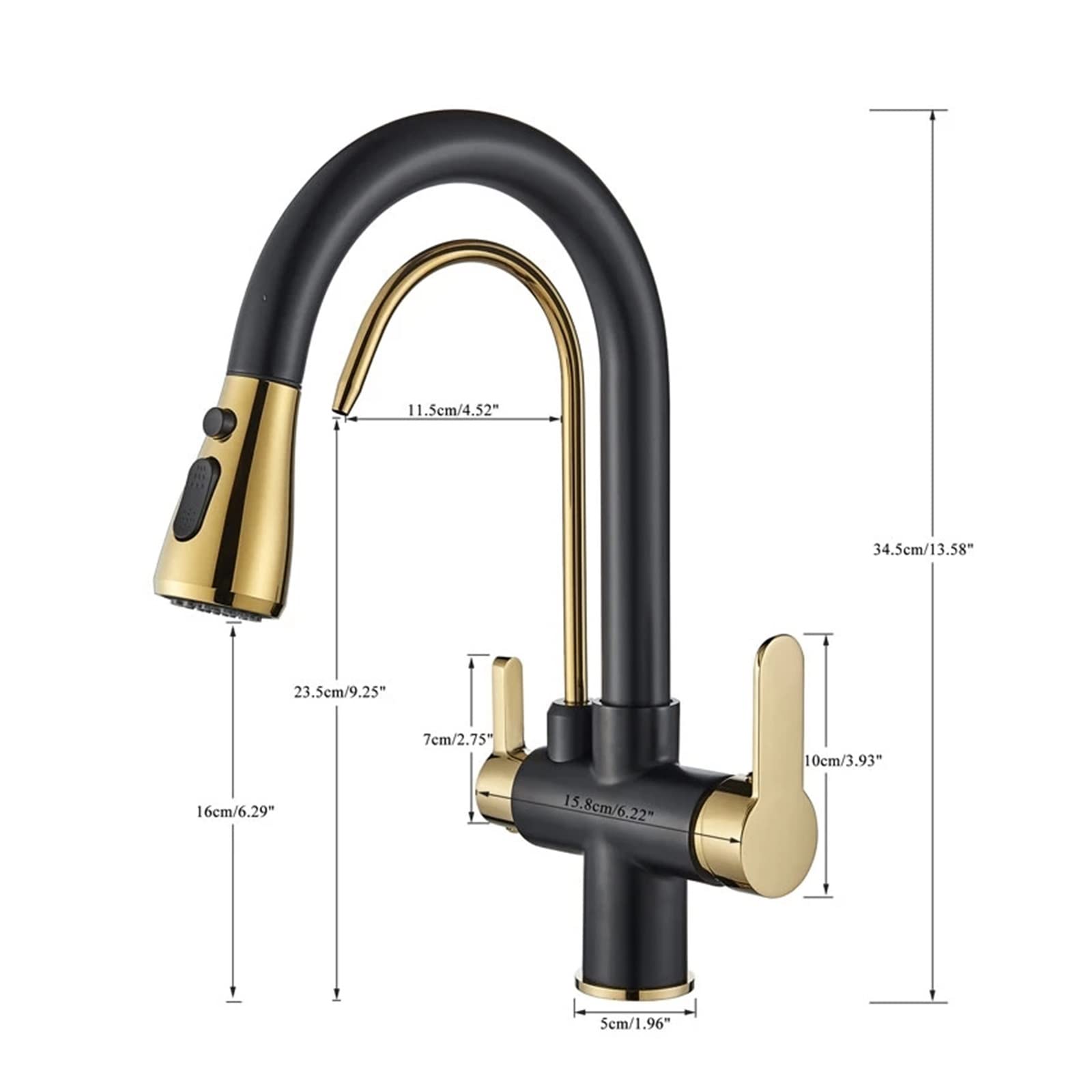 Goldener Küchenhahn mit Ausziehbrause, 360° drehbar, Doppelgriffe, Einloch-Kalt- und Warmwasseranschluss, intelligenter Wasserhahn (Antikmessing)