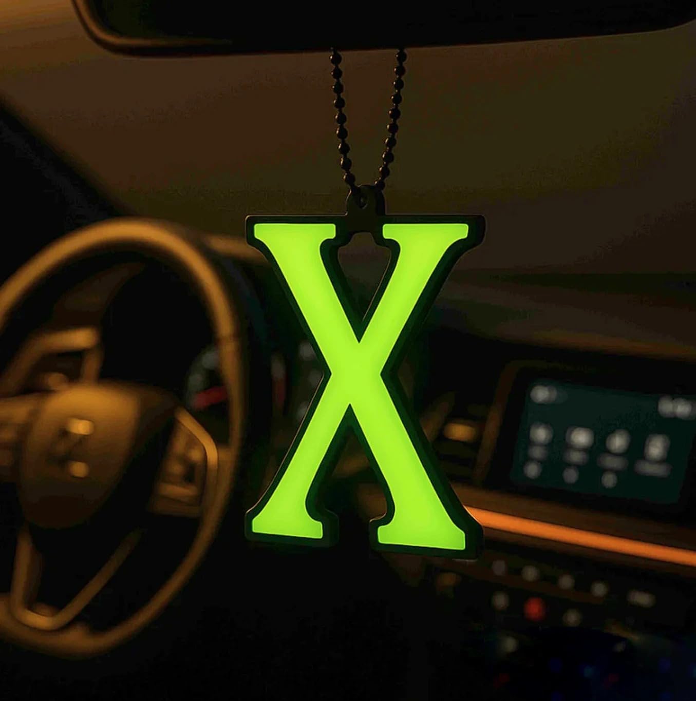 Premium X Factor 3D Green Fluorescent Triple Layer X car Mirror Hanging with Adjustable Metal Ball Chain