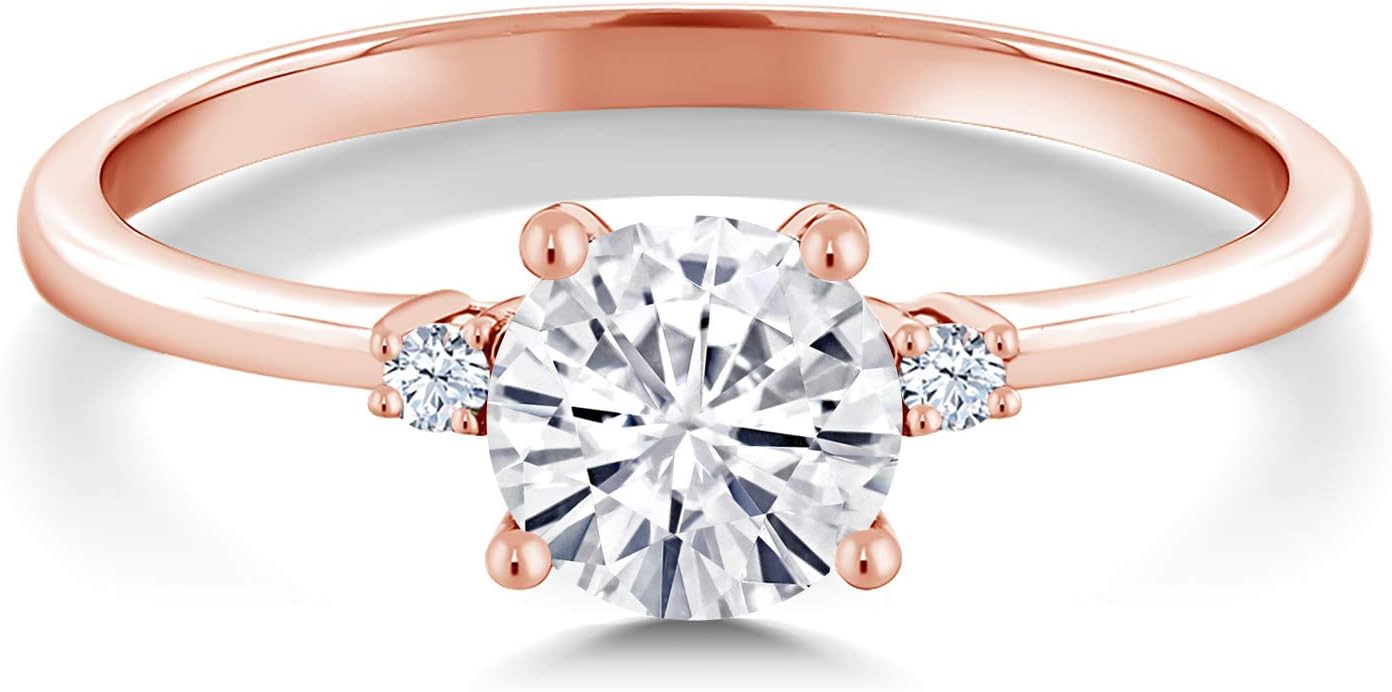 Gem Stone King 10K Rose Gold Moissanite and White Created Sapphire Solitaire Engagement Ring For Women (0.83 Cttw, Round 6MM, Gemstone Birthstone)
