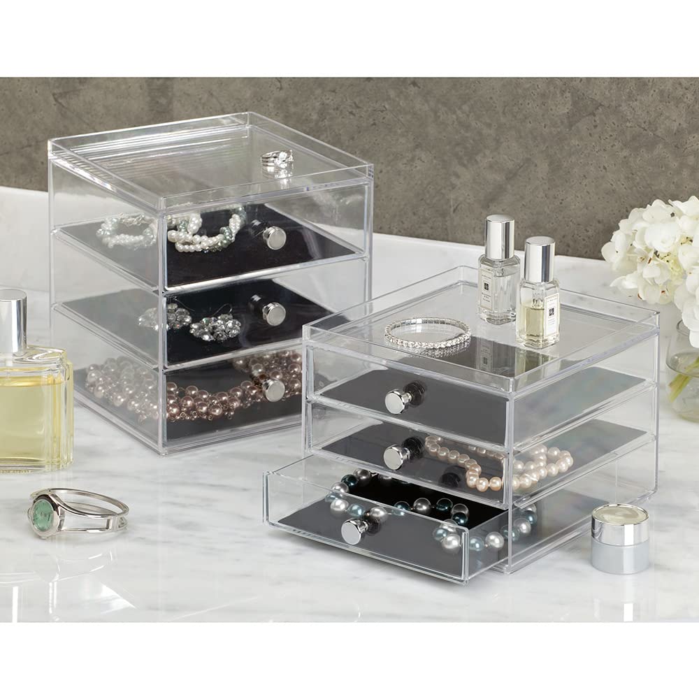 iDesign Organizador de maquillaje con 3 cajones, compacta minicómoda de plástico & Joyero Clarity | Joyero con 4 cajones para relojes, collares, etc.