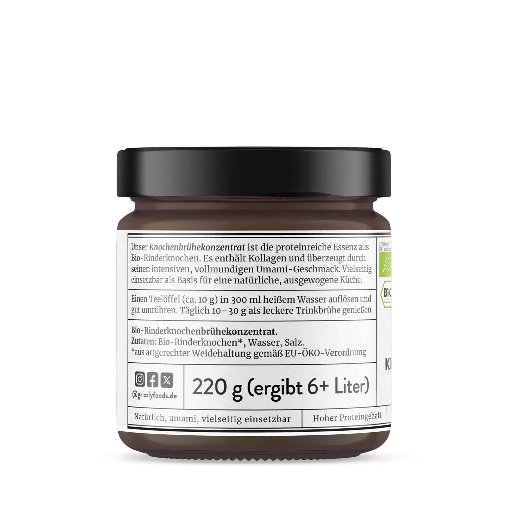 Grizzly Foods Bio Knochenbrühe Konzentrat vom Rind 220g 88g Kollagen proteinreich Trinkbrühe Kochbasis