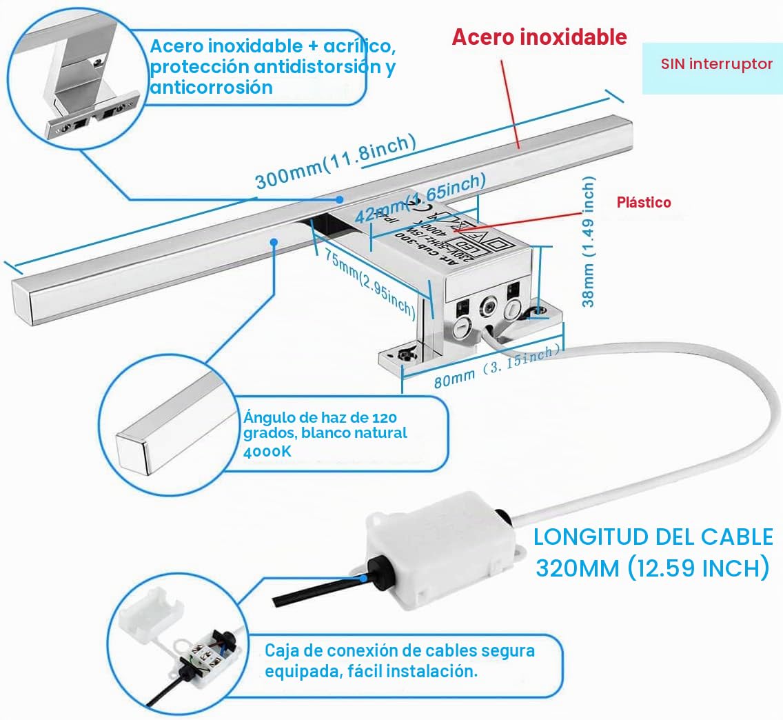 Lámpara de Espejo Baño LED 5W 30cm 400LM, Blanco Neutro 4000K LED Armario Lámpara Luz de Pared IP44 230V Aplique de Baño Espejo 300x14x14mm