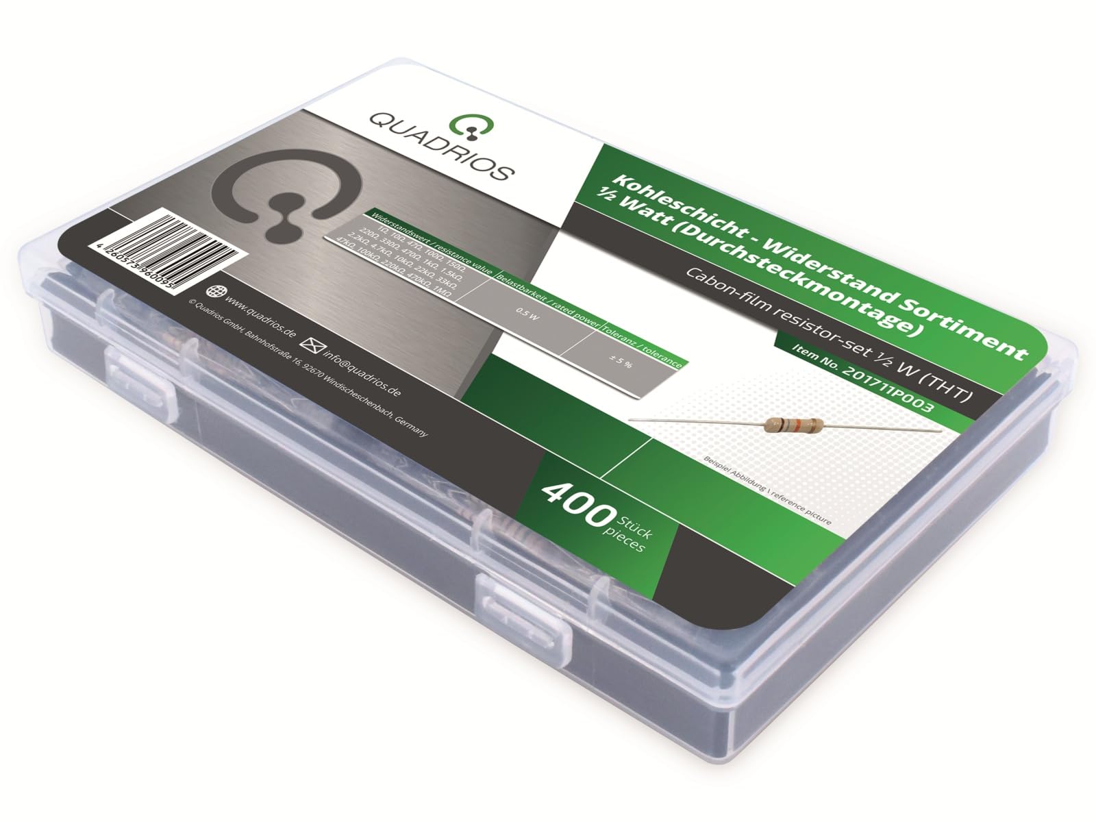 Widerstands-Set Kohleschicht-Widerstände, 0,5 W, 400 Stück, 20 Werte (E24)