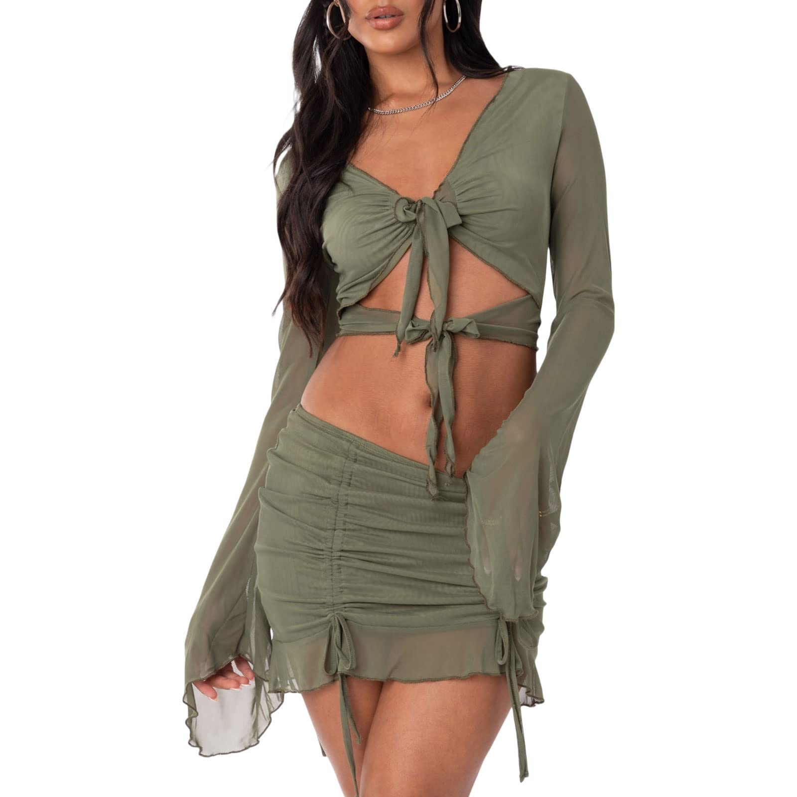 FeMereinaWomen Solid Two Piece Outfit Halter Oblique Shoulder Bandana Crop Top with Drawstring Irregular Mini Skirt Set Party Streetwear