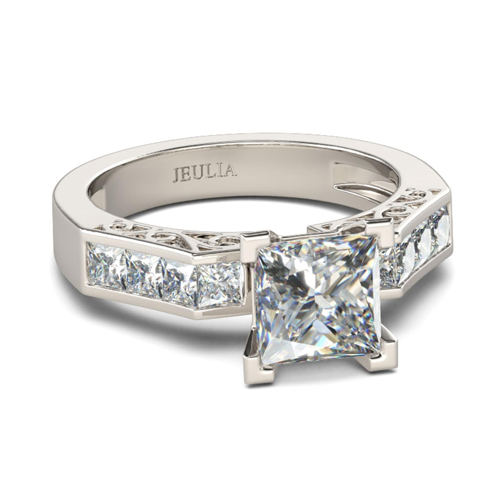 Jeulia Anillo de compromiso de diamante de Eternity para mujer: plata de ley con corte princesa de 4 puntas, anillos de circonita, joyas de aniversario con caja de regalo