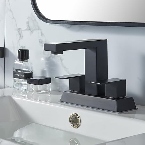 Miniatura 7 de KINGO HOME Grifo central de baño negro de 2 asas, grifo de lavabo de baño negro mate de 4 pulgadas, grifos de tocador modernos para fregadero, grifo