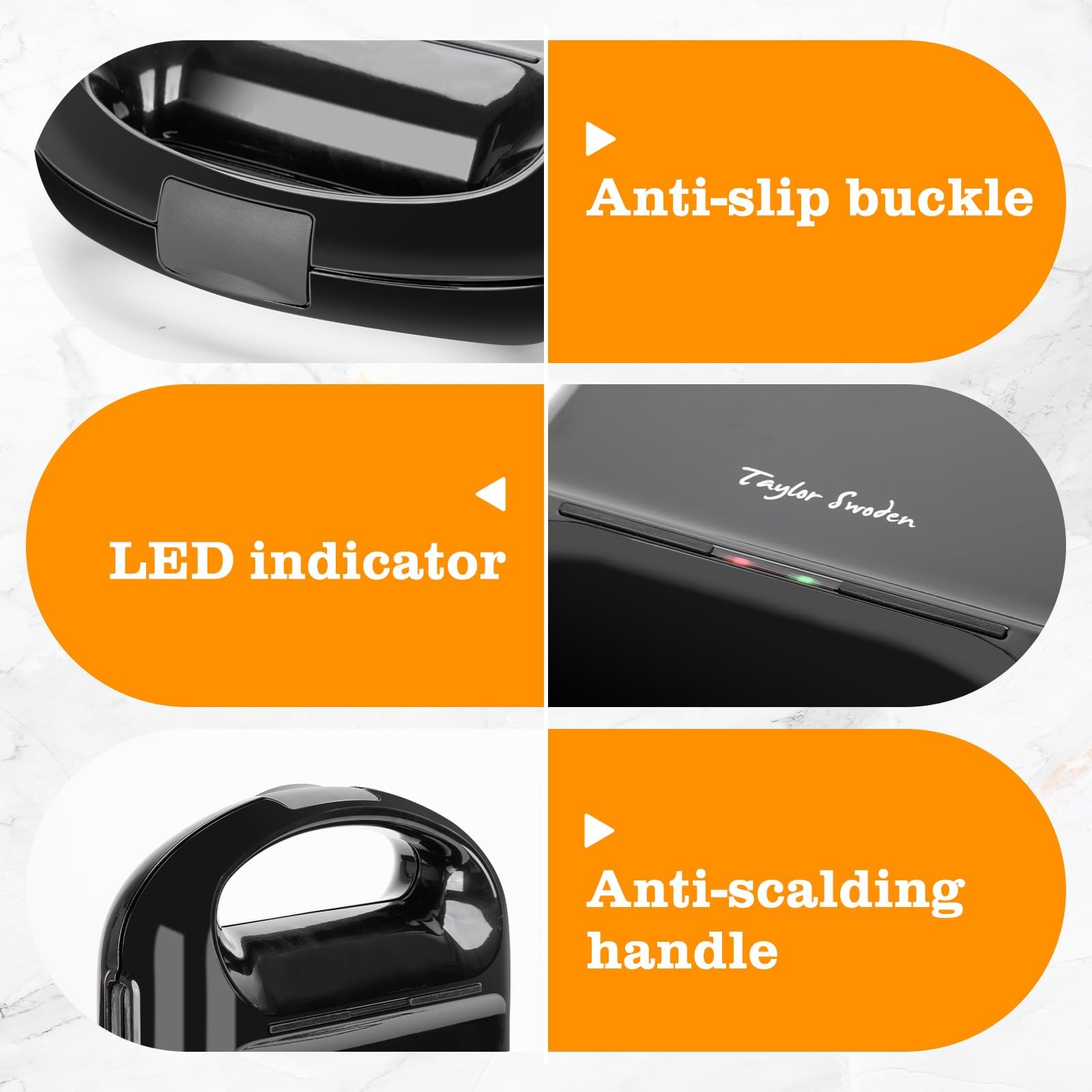 Taylor Swoden Bruno - 3 en 1 : appareil à sandwich, gaufrier, gril. 1200W, 0% BPA. Peut contenir 4 sandwichs, plaques antiadhésives, retournement à 180° pour une cuisson rapide et uniforme.