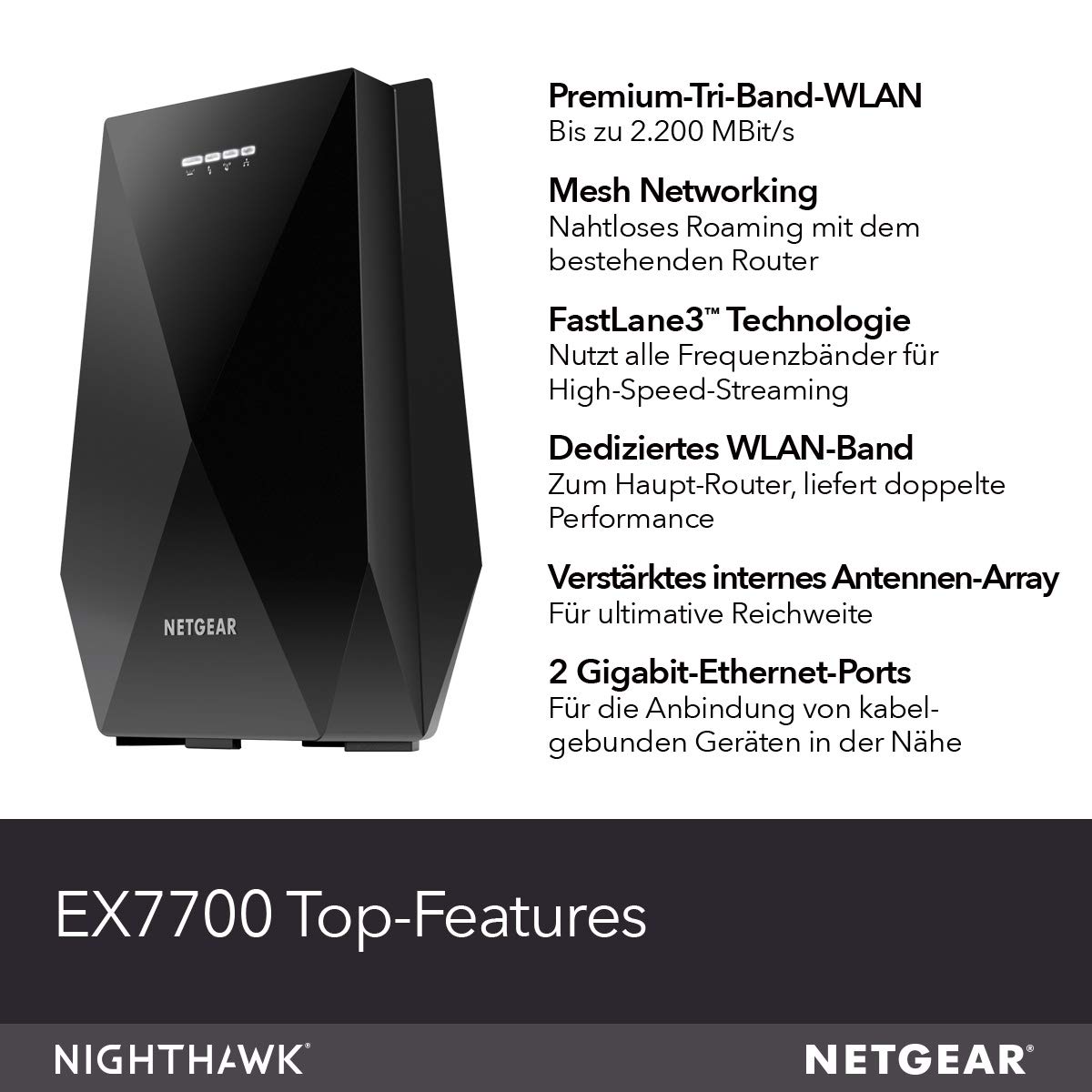 NETGEAR Ripetitore WiFi Mesh AC2200 EX7700, WiFi Extender TriBand, 2 Porte Lan, Ripetitore WiFi Wireless Compatibile con Modem Fibra e Adsl