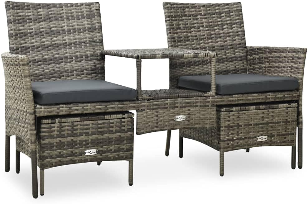 2-Seater Garden Sofa with Tea Table and Stools, Patio Conversation Set with Removable Cushions, Poly Rattan, 59.8" x 24.4" x 33.5"