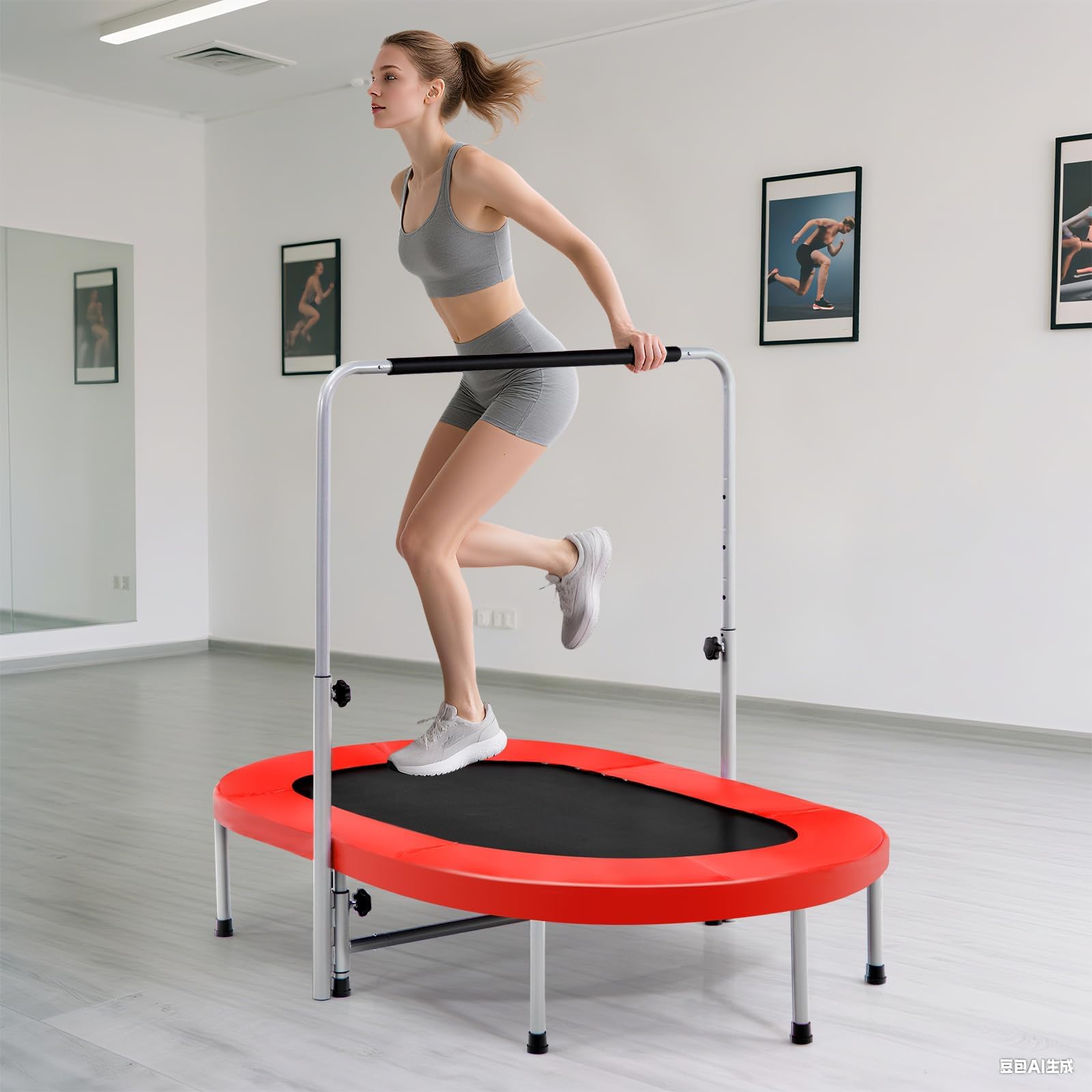 COSTWAY 2 Personen Trampolin, Mini Trampolin mit höhenverstellbarm Haltegriff, bis 150kg belastbar, Kindertrampolin klappbar, Gartentrampolin für Kinder, Erwachsene