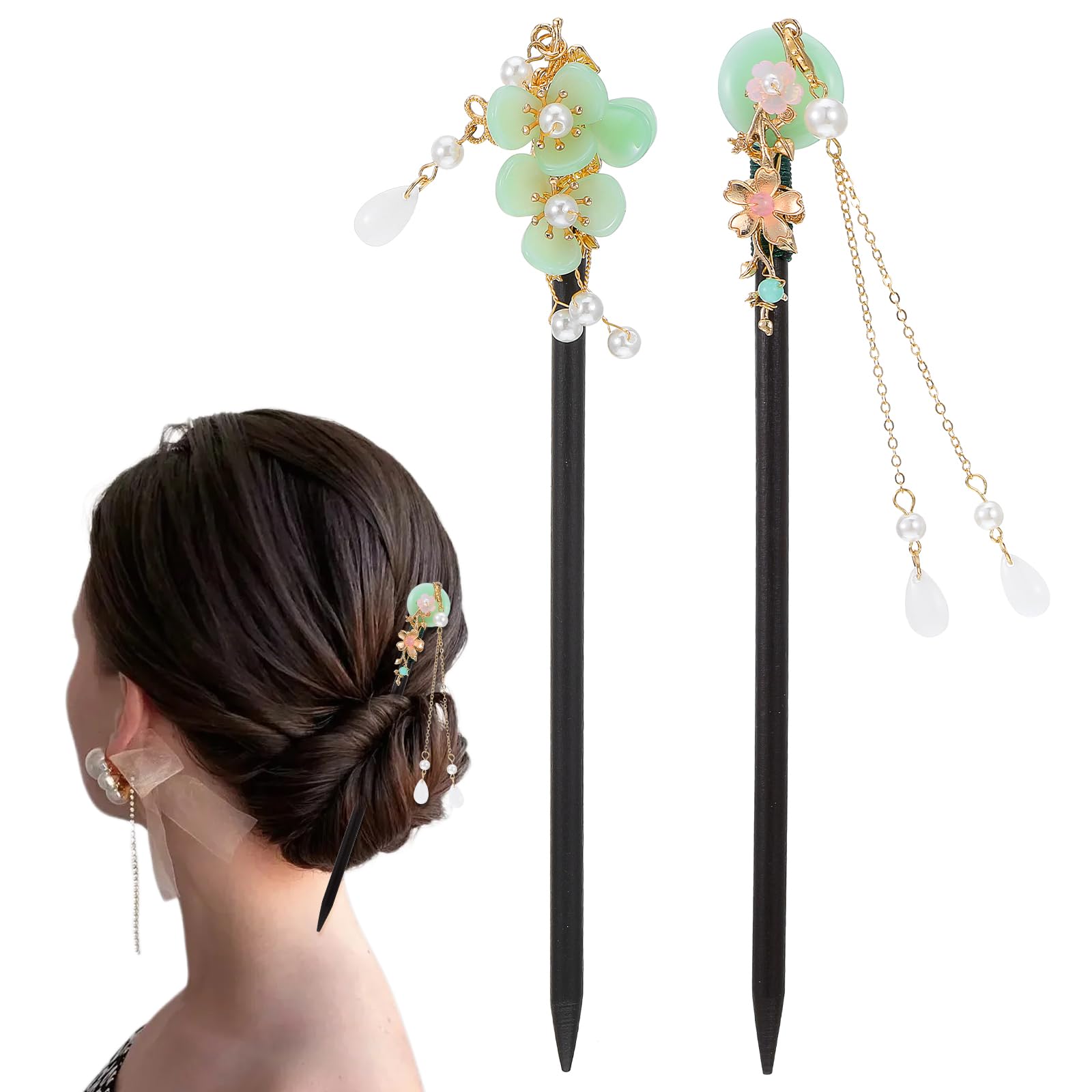 2 Pcs Wooden Floral Hair Chopsticks Chinese Hair Sticks for Women Retro Wooden Hairpins Japanese Floral Hair Sticks Vintage Tassel Flower Hairpins