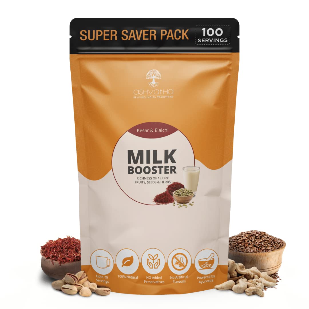 Ashvatha Milk Booster I Real Kesar Elaichi Badam Milk Masala Immunity Booster Powder with 18 Dry Fruits, Seeds & Turmeric I Healthy Drink for Kids & Adults (Kesar Elaichi, 100 Servings Pack) (B09V3GW1DH) Amazon Price History, Amazon Price Tracker