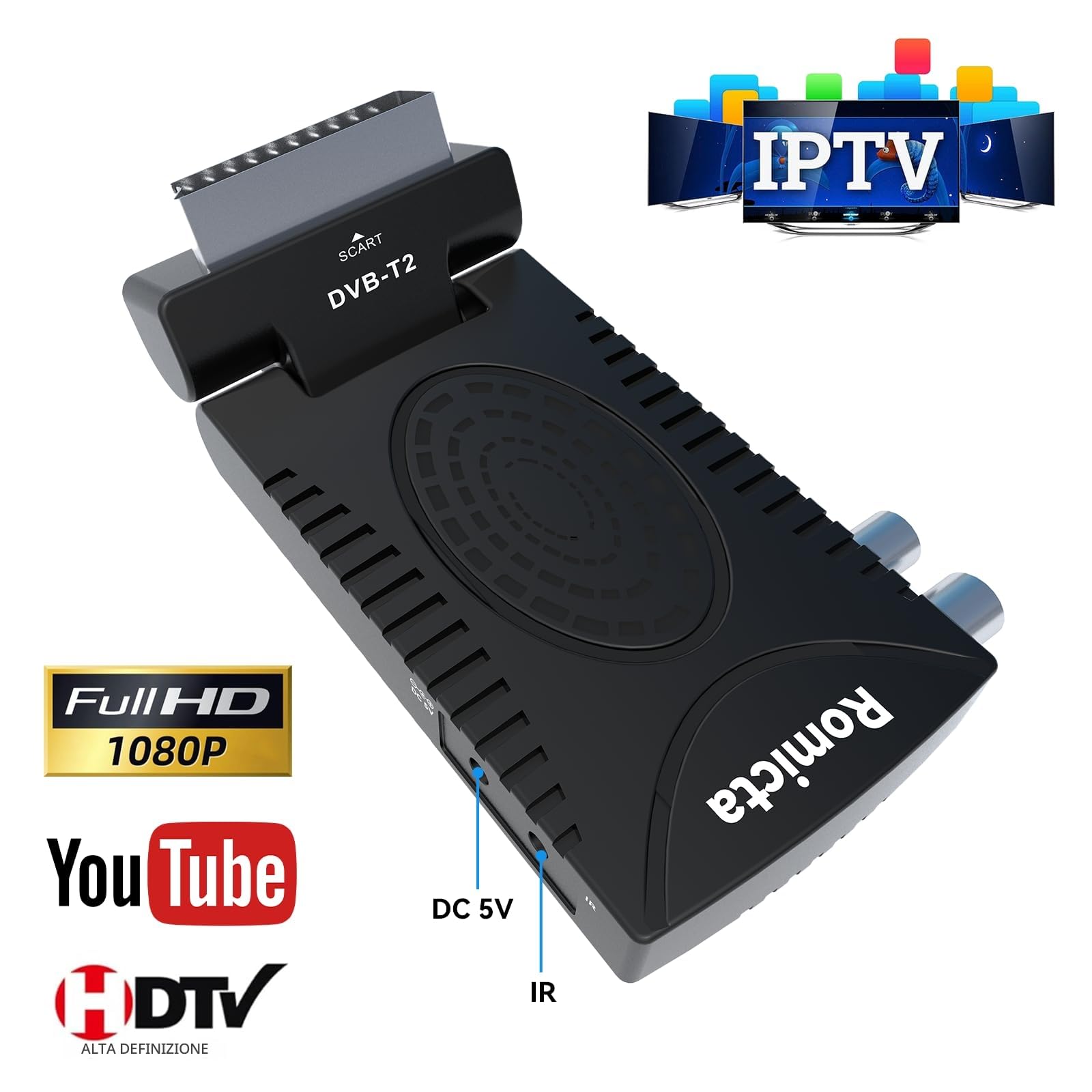 Romicta Decoder Digitale Terrestre 2025 DVB-T2, 1080P H.265 HEVC 10Bit, Decoder DVB-T2 con USB PVR e Youtube, HDMI/SCART, Lettore Multimediale, Telecomando Universale 2 in 1