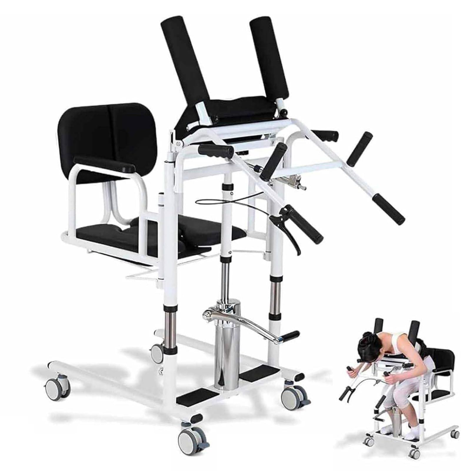 Joyfitness Patient Lift Transfer Chair, Hydraulic Transfer Lift Chair for Disabled, 180° Split Seat, Detachable Tabletop & Potty, Lifting Height 41-65cm, 4 Lockable Casters, 200kg/440Lbs Capacity