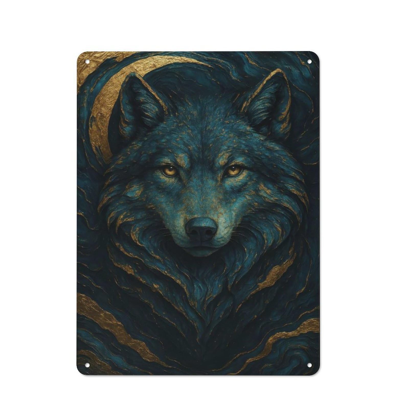 Junmoney Style-3 Blue And Gold Wolf Portrait Retro-Style Tin Sign 40X30cm For Man Cave Or Games Room, A Metal Wall Feature For Games Rooms And Man Caves