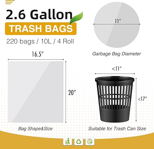 Miniatura 4 de 220 Count Small Trash Bags, 2.6 Gallon Bathroom Garbage Bags Unscented Clear Can Liners for Kitchen, Bedroom and Office, (10 Liter)