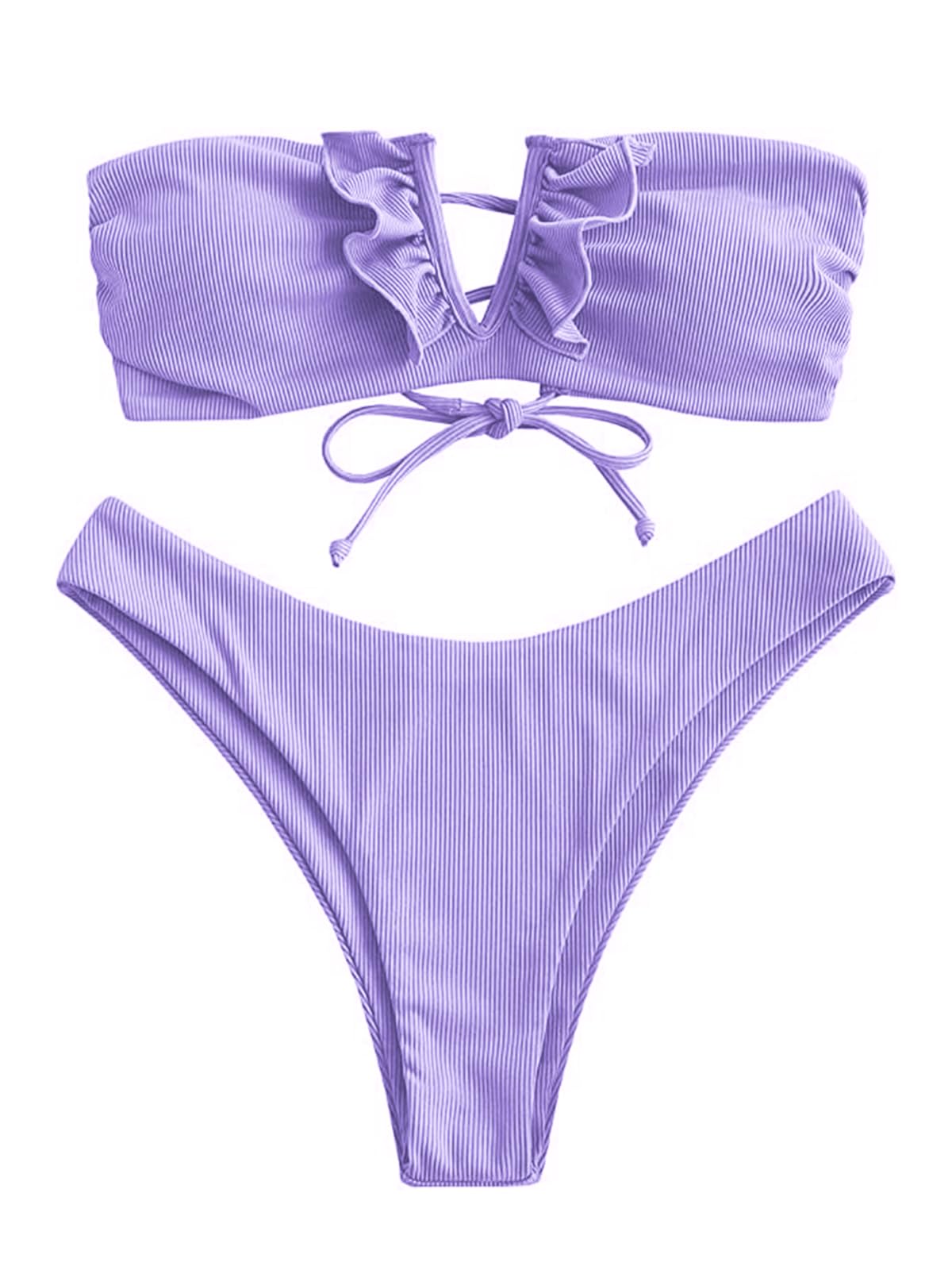 Photo 1 of ZAFUL Women's Strapless V Wired Lace Up Ruffle Bandeau Swimsuits Bikini Set
