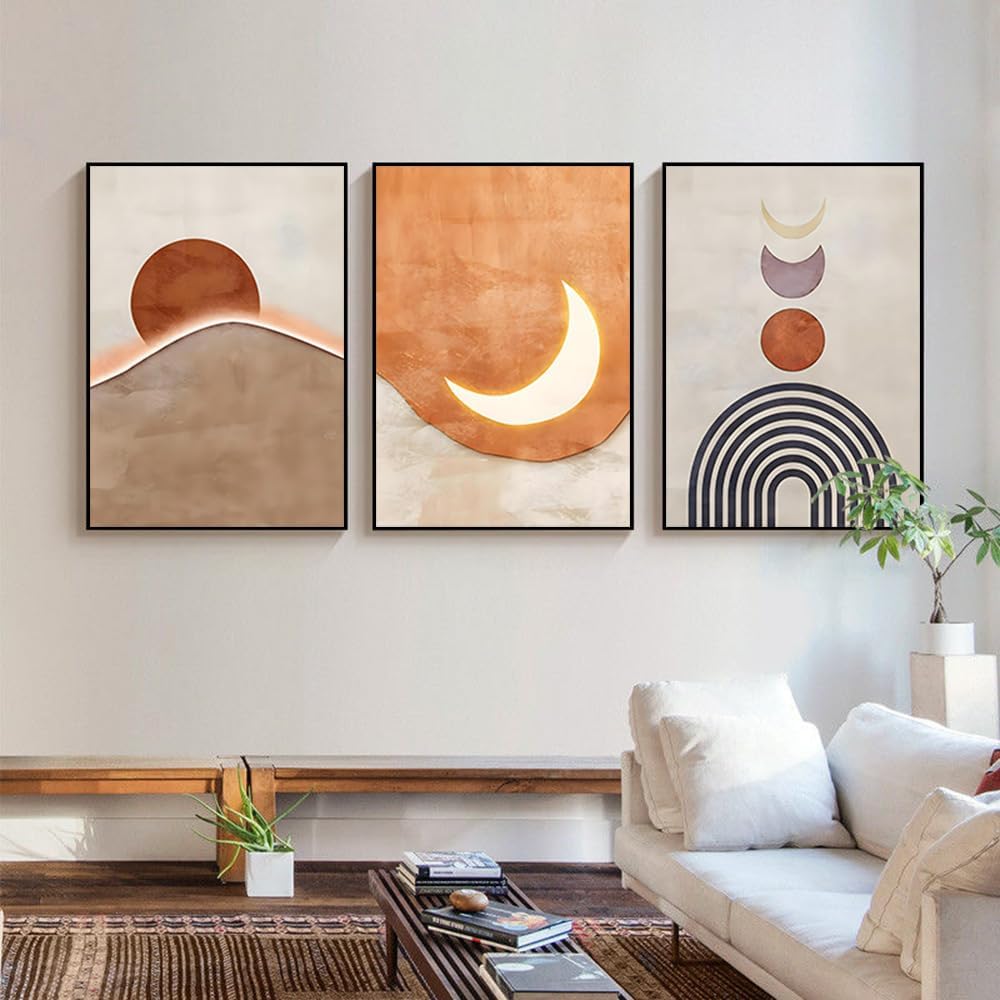 ARTKN Minimalist Orange Abstract Geometric Wall Art for Living Room Bedroom,Large Framed Boho Wall Art Set of 3,Warm Tone with Mid Century Prints of Sun Moon Mountain(Orange, 24 X 32 X 3 pieces)