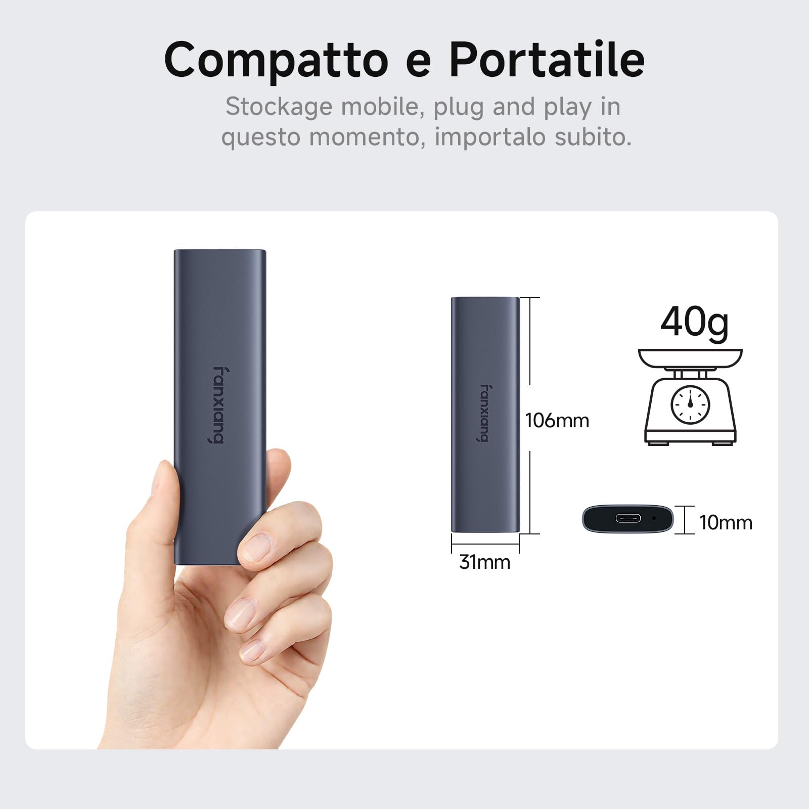 fanxiang SSD Esterna 500GB, Fino a 1000MB/s, USB 3.2 Gen 2 Tipo-C, SSD Esterna Professionale, Archiviazione Affidabile per Desktop, Laptop, Mac, Windows – PS1008