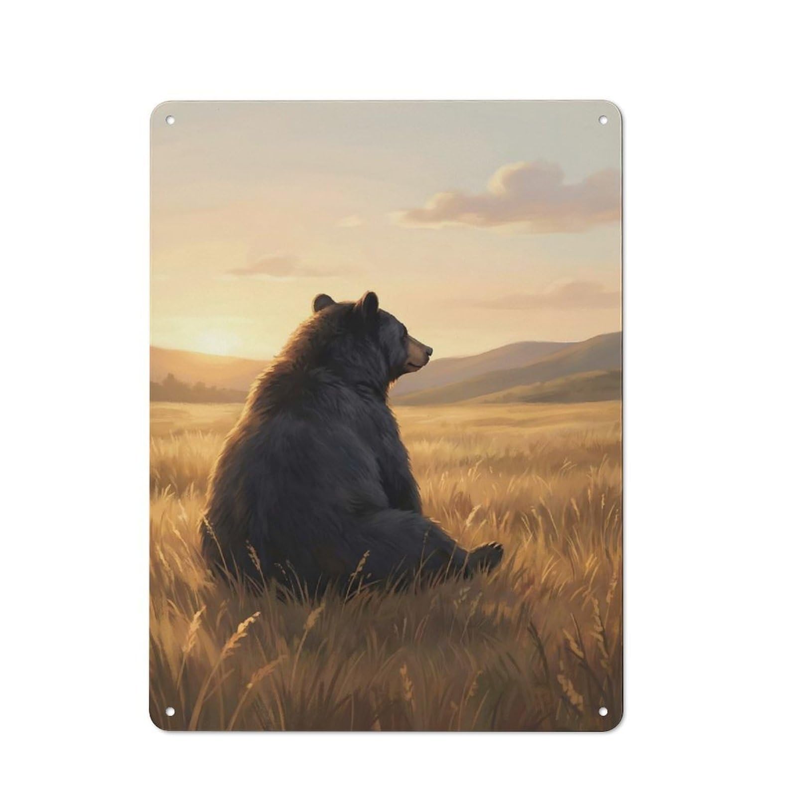 Junmoney Style-4 Contemplative Bear In Golden Field Rustic Metal Sign 40X30cm, Barn Style Farmhouse Wall Decor For Kitchen, Cottage, Porch Or Garden Room