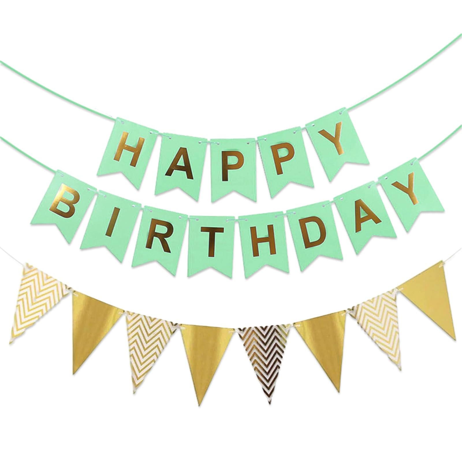Happy Birthday Banner - Sage Green Birthday Decorations with Gold Foil Triangle Flags - Green Bunting Party Decor Kit for Women Men Girls & Boys