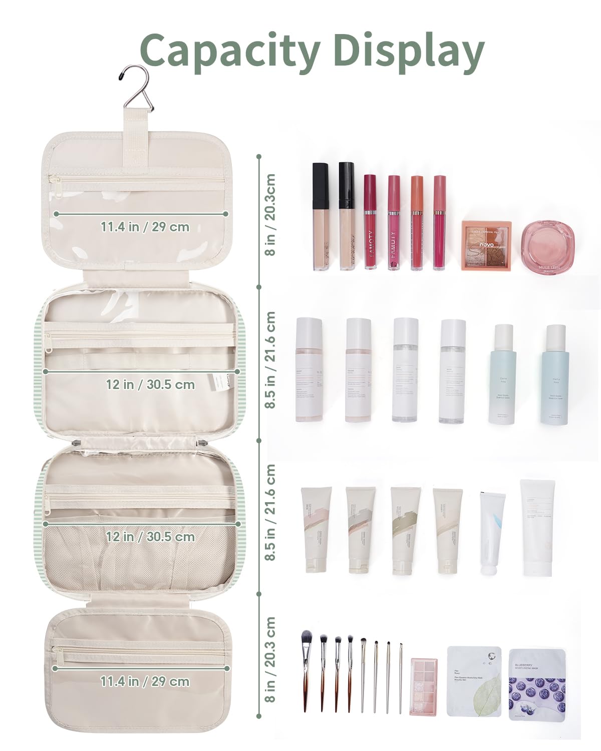 Narwey Large Hanging Travel Toiletry Bag for Women Wash Bag Cosmetics Makeup Bag Organizer for Full Size Accessories (Mint Green Stripe (Large)) - 5