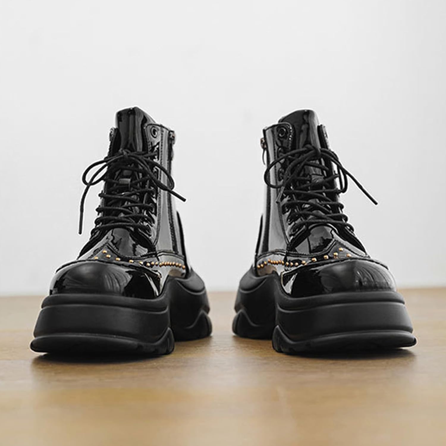 Men's Patent Leather Rivet Platform Motorcycle Boots with Side Zipper Fashion Comfortable Non Slip Chunky Block Heel Goth Dress Combat Ankle Boots for Street Biker - Image 5