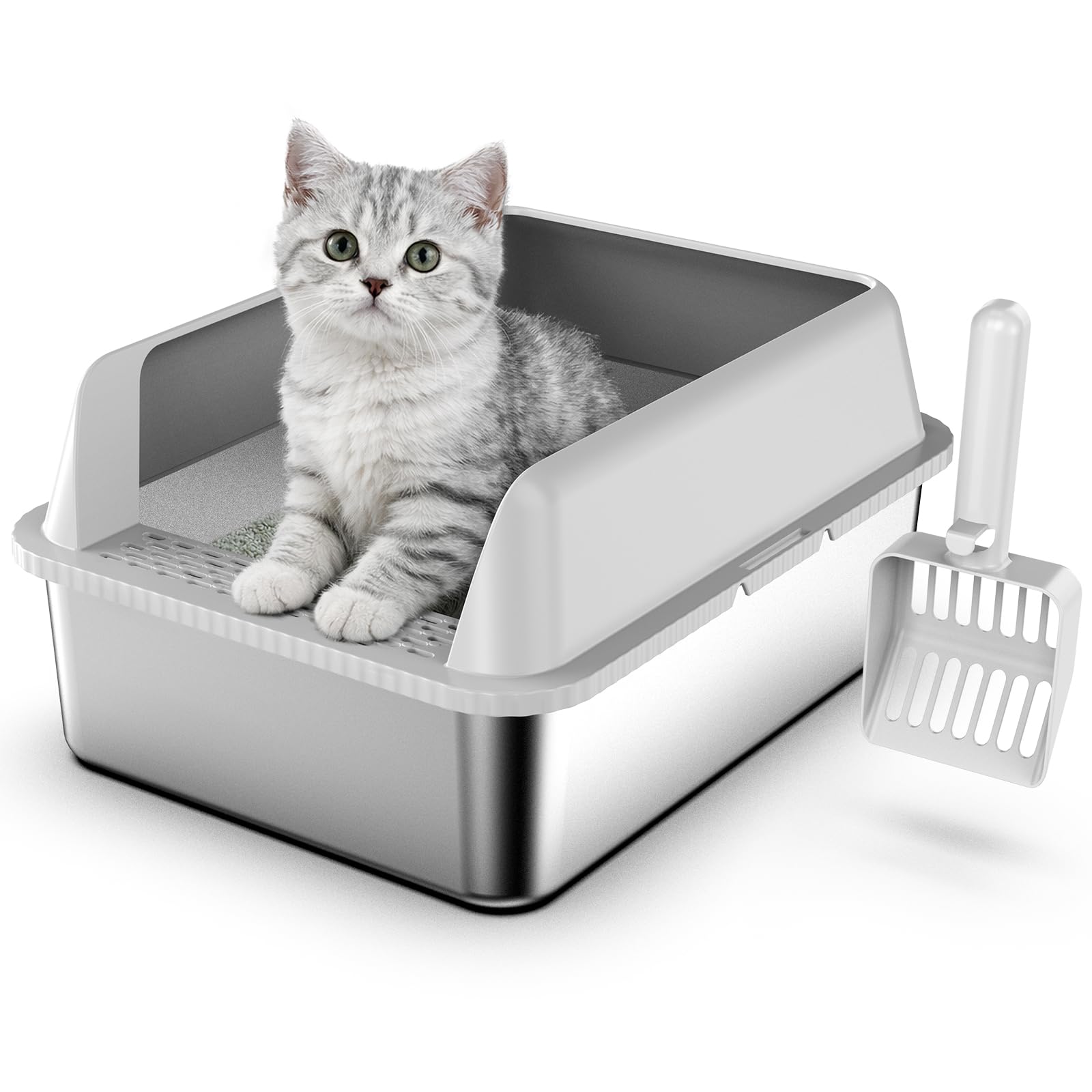 Stainless Steel Litter Box with Lid, 17.3”×13.4”×9" Kitty Litter Box for Kittens & Small Pets, High Sides Metal Cat Litter Box for Leak Proof, Easy to Clean, Non-Stick, Odor Control