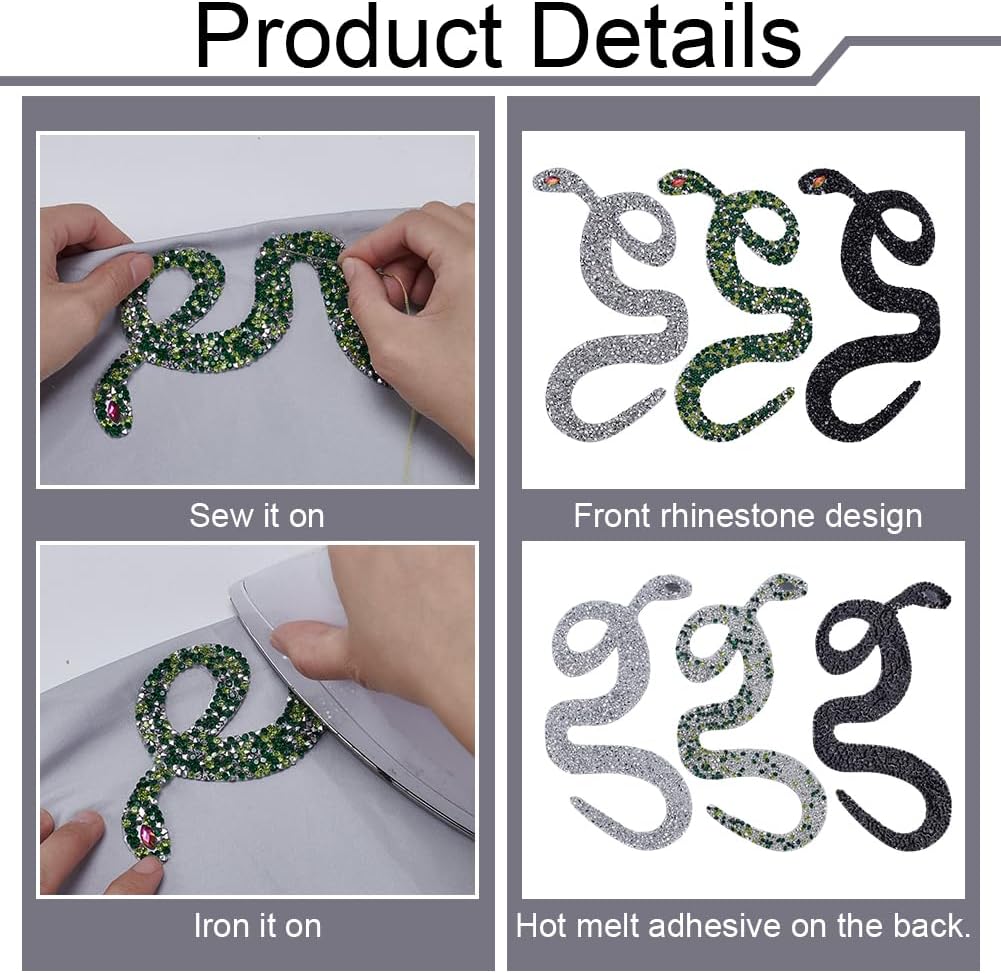 FINGERINSPIRE 6 Pcs Snake-Shaped Rhinestones Trim Ribbon 3 Mixed Color Rhinestones Applique Iron on Patches Hot Fix DIY Clothing Accessories for Clothes Garments Bags Wedding Dress