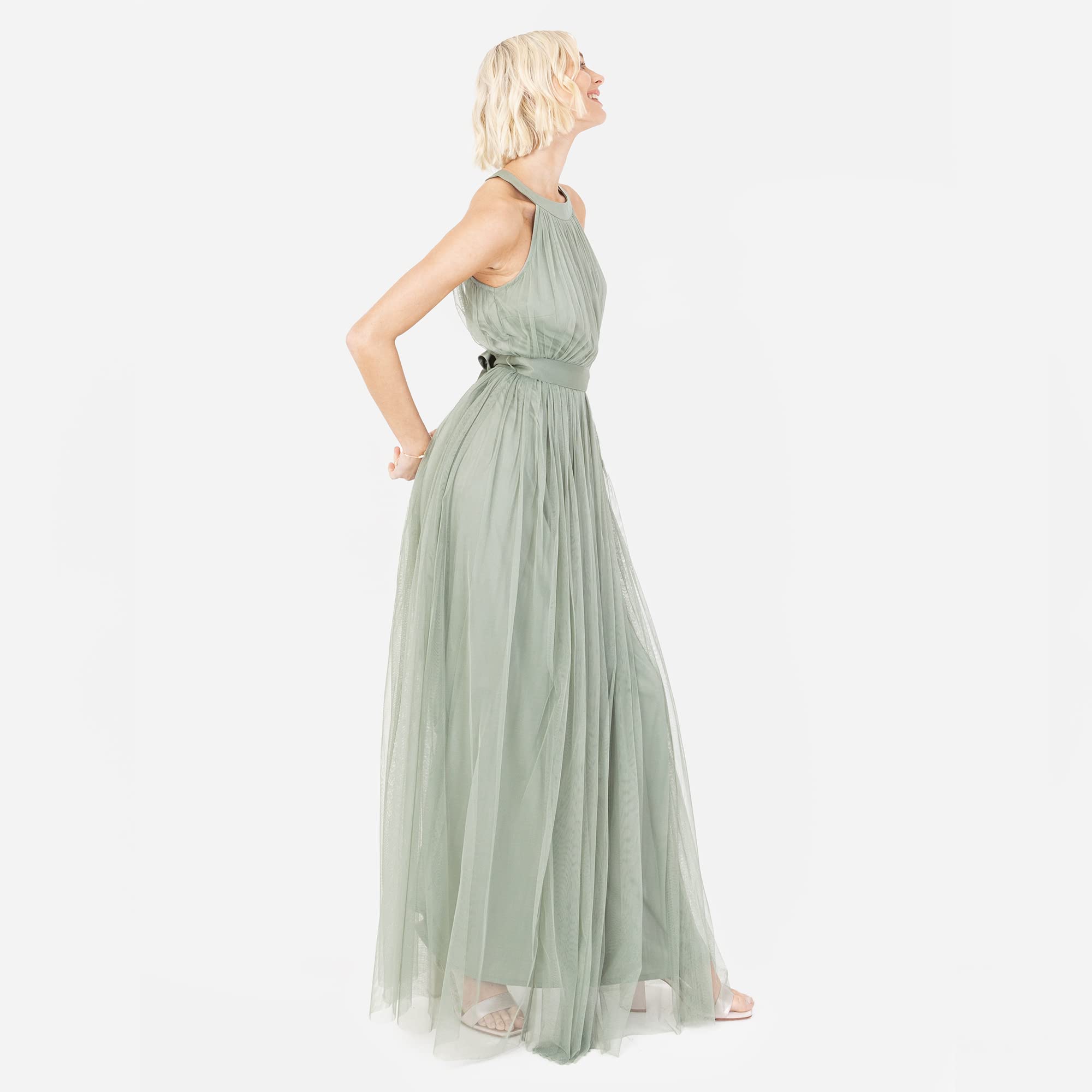 Anaya with Love Ladies Maxi Dress for Women Halter Neck Long Sleeveless with Belt a Line Evening Gown Ball Prom Wedding Guest Bridesmaid Vestido para Mujer